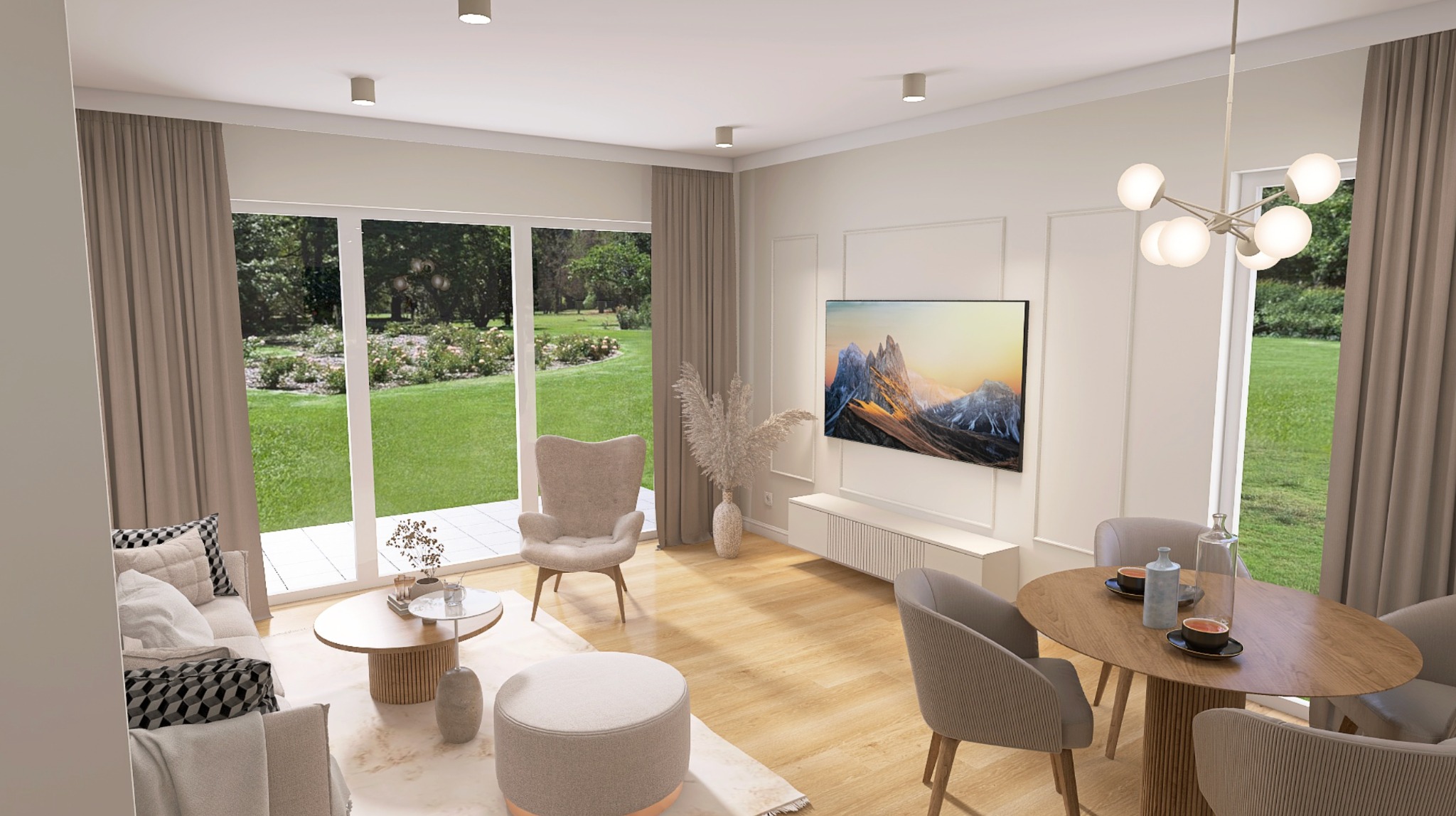 Jasne wnętrze salonu z dużymi oknami na ogród. Neutralna kolorystyka, drewniana podłoga, okrągły stół i krzesła. Telewizor na ścianie. Nowoczesny design.