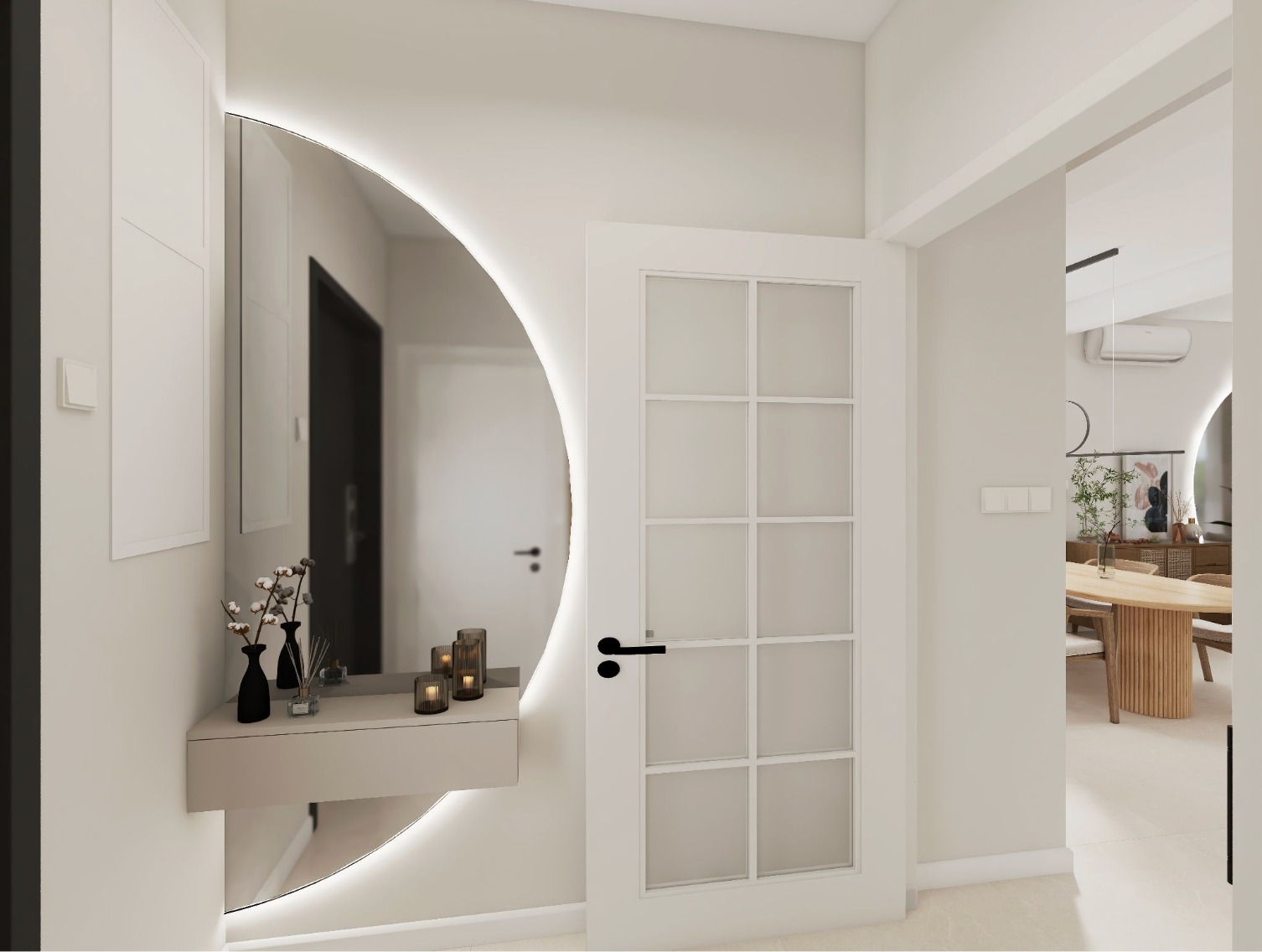 Nowoczesny przedpokój z okrągłym lustrem z podświetleniem LED, minimalistyczną konsolą i białymi drzwiami z przeszkleniami. Widok na jasną jadalnię w tle.