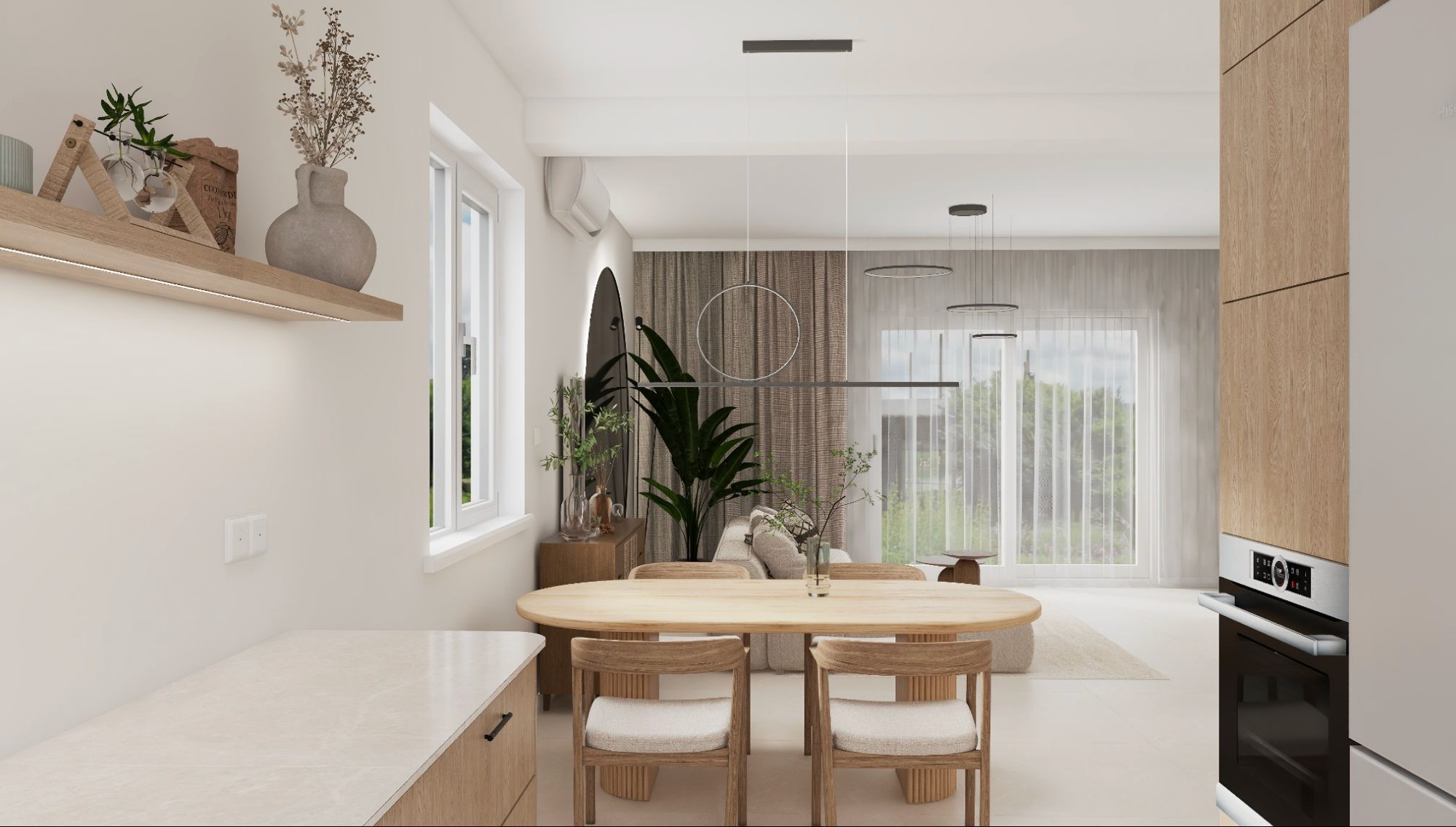 Jasne wnętrze z drewnianym stołem i krzesłami, minimalistycznymi lampami wiszącymi i roślinami. Widok na salon z dużym oknem i zasłonami.