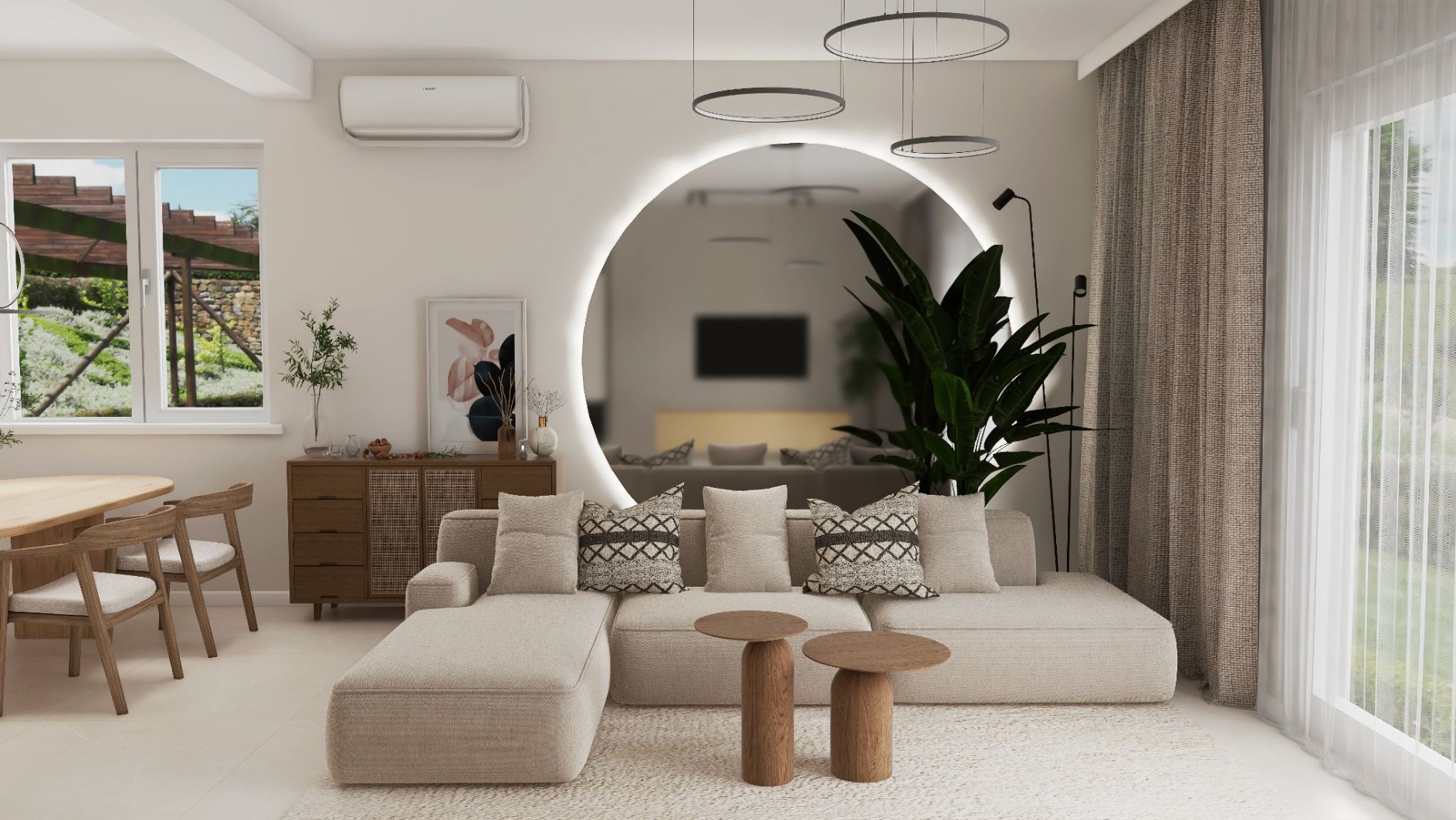 Jasny salon z beżową sofą, okrągłym lustrem z podświetleniem LED i drewnianymi stolikami kawowymi. Widok na ogród przez okno. Minimalistyczny design.