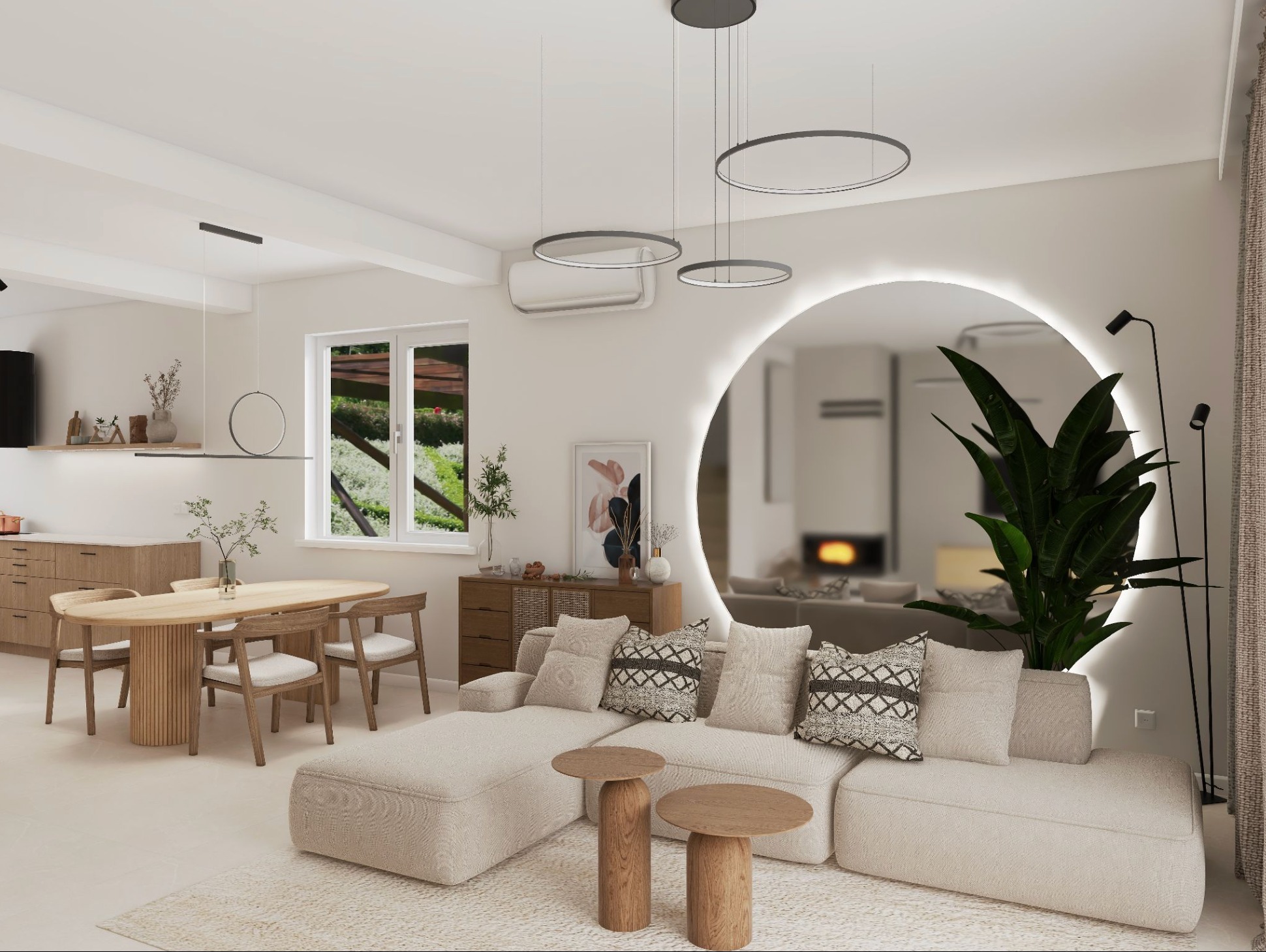Jasne, przestronne wnętrze z sofą modułową, okrągłym lustrem z podświetleniem i drewnianym stołem. Minimalistyczne lampy wiszące i rośliny doniczkowe dodają przytulności.