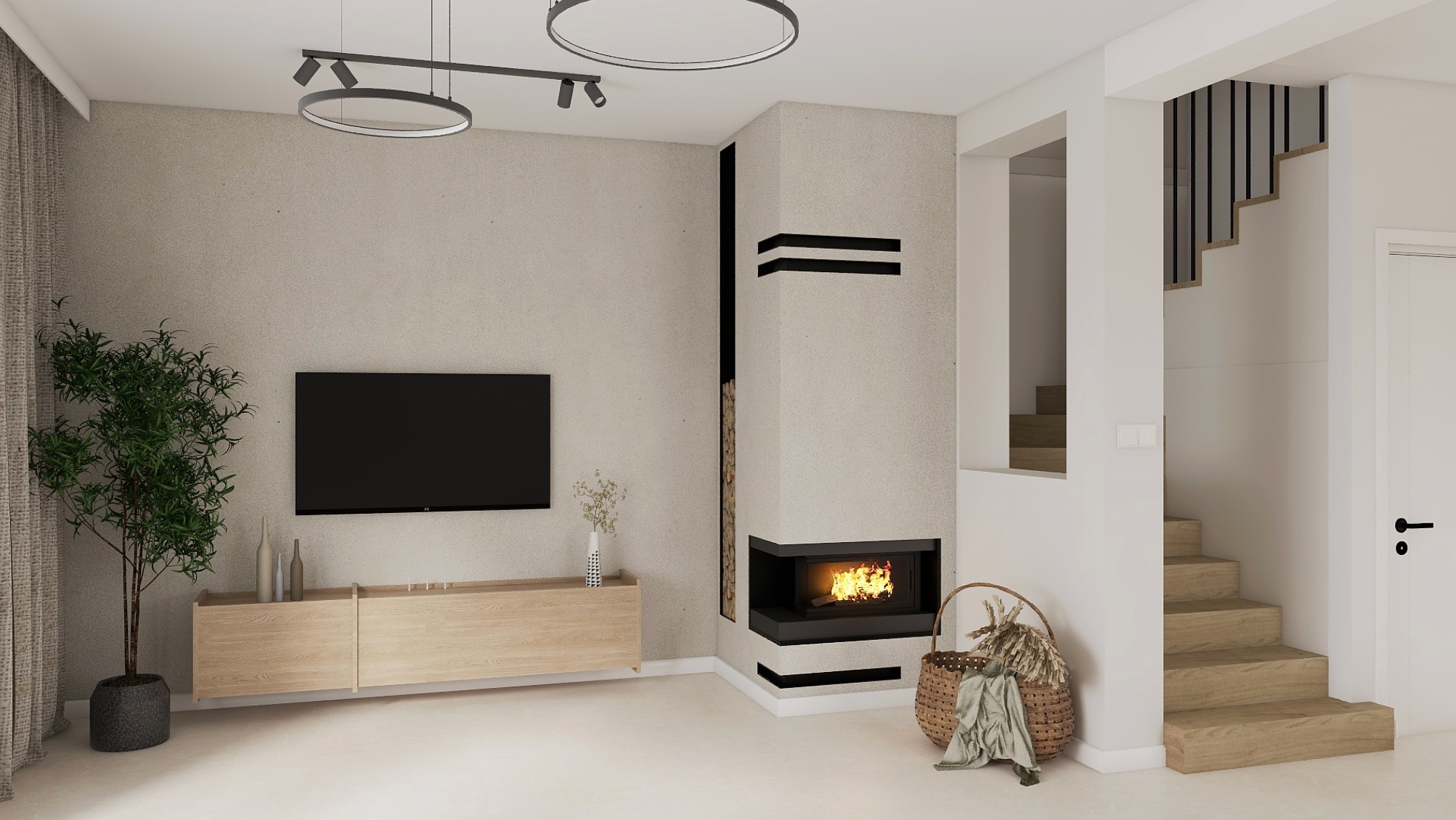 Jasne wnętrze salonu z kominkiem, drewnianą szafką RTV i schodami. Minimalistyczny design, oświetlenie punktowe i dekoracyjny kosz wiklinowy dodają przytulności.
