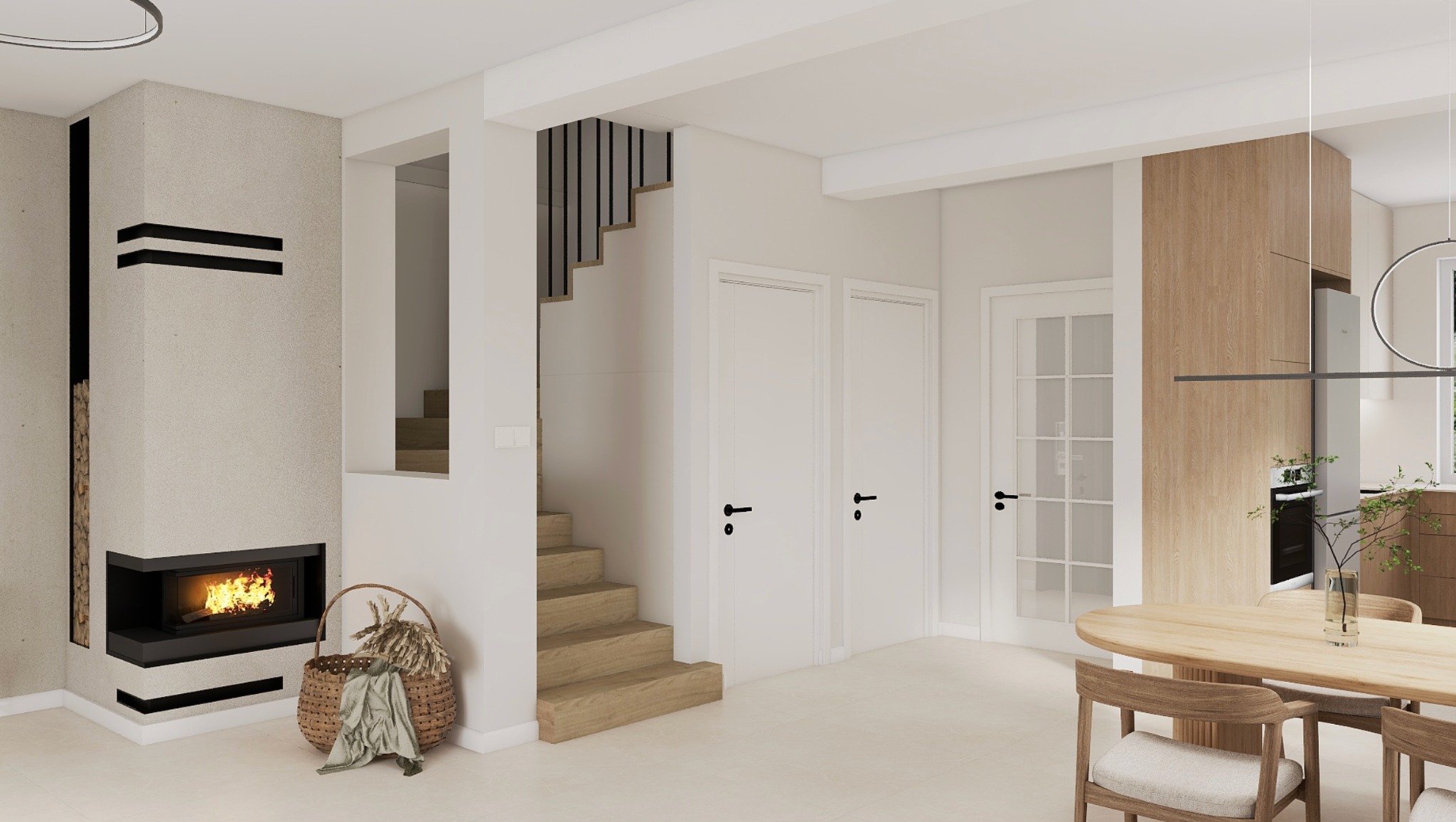 Jasne wnętrze domu z kominkiem, schodami i jadalnią. Minimalistyczny design, naturalne materiały, ciepłe oświetlenie. Wnętrze z elementami drewna i bieli.