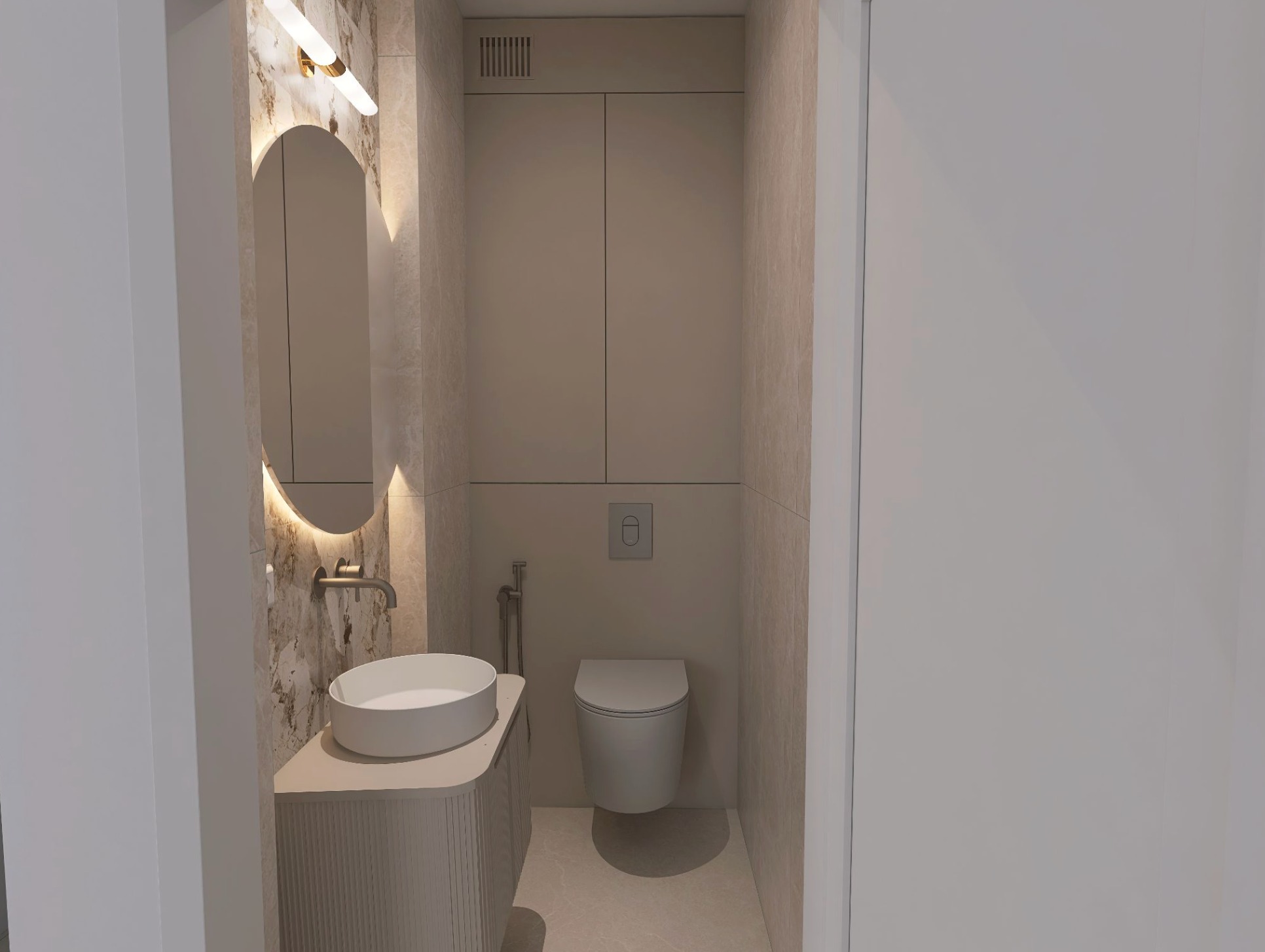 Nowoczesna łazienka w beżowej tonacji: owalne lustro z podświetleniem, okrągła umywalka nablatowa, wisząca toaleta i szafki w zabudowie. Minimalistyczny design.