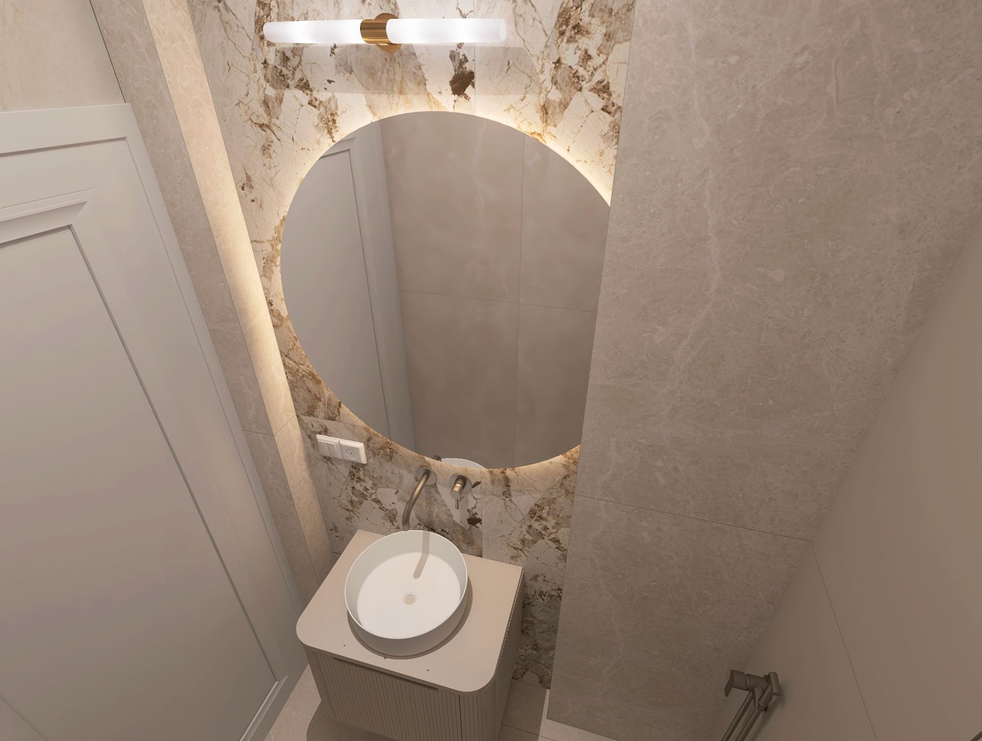 Nowoczesna łazienka z okrągłym lustrem podświetlonym LED, marmurowymi płytkami i beżową szafką z umywalką. Minimalistyczny design, ciepłe oświetlenie.