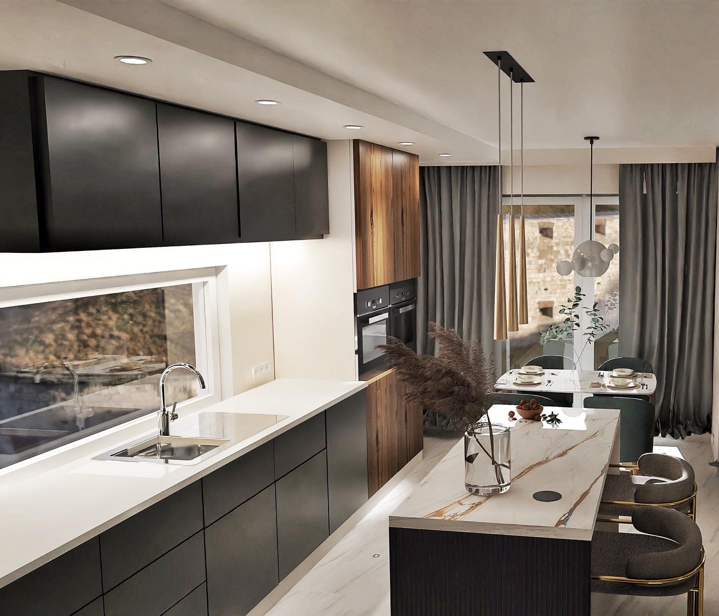 Nowoczesna kuchnia z czarnymi szafkami, białym blatem, wyspą z marmurowym wykończeniem i widokiem na zewnątrz przez duże okno, oświetlona wiszącymi lampami.