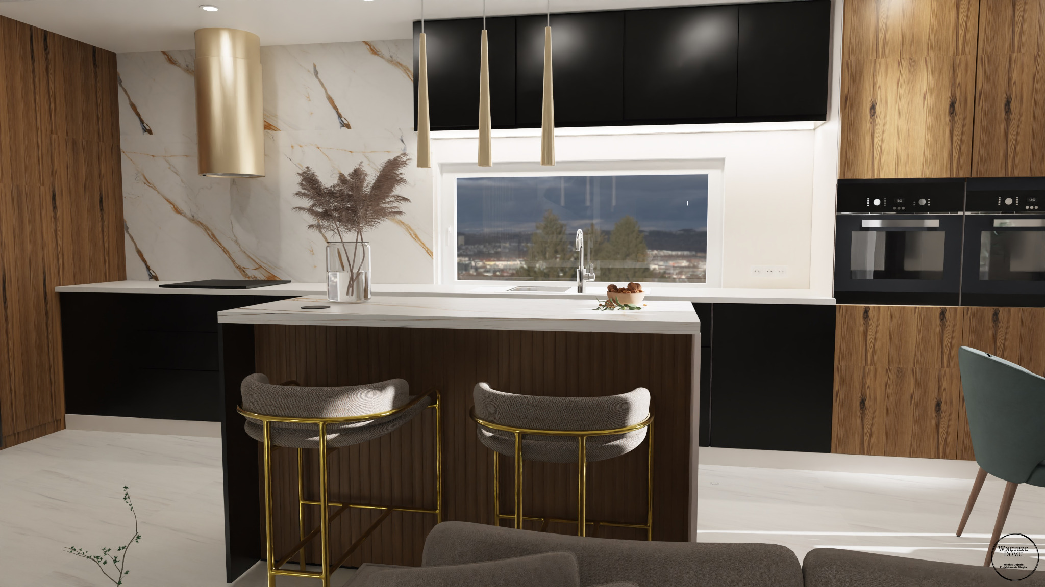 Wizualizacja nowoczesnej kuchni z wyspą, drewnianymi i czarnymi szafkami, marmurowym blatem, złotym okapem i trzema wiszącymi lampami nad wyspą.