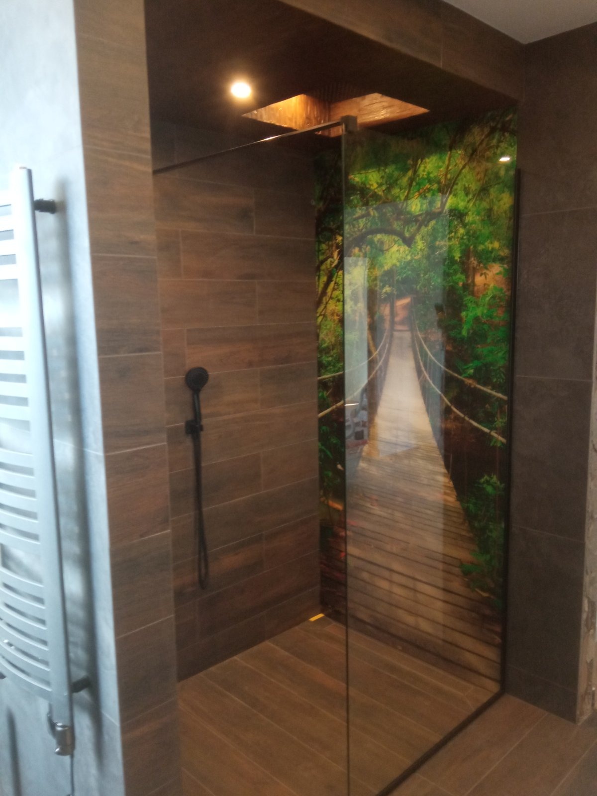 Nowoczesna kabina prysznicowa z panelem szklanym z nadrukiem mostu linowego w dżungli, brązowe płytki imitujące drewno na ścianach, czarna deszczownica, grzejnik drabinkowy.