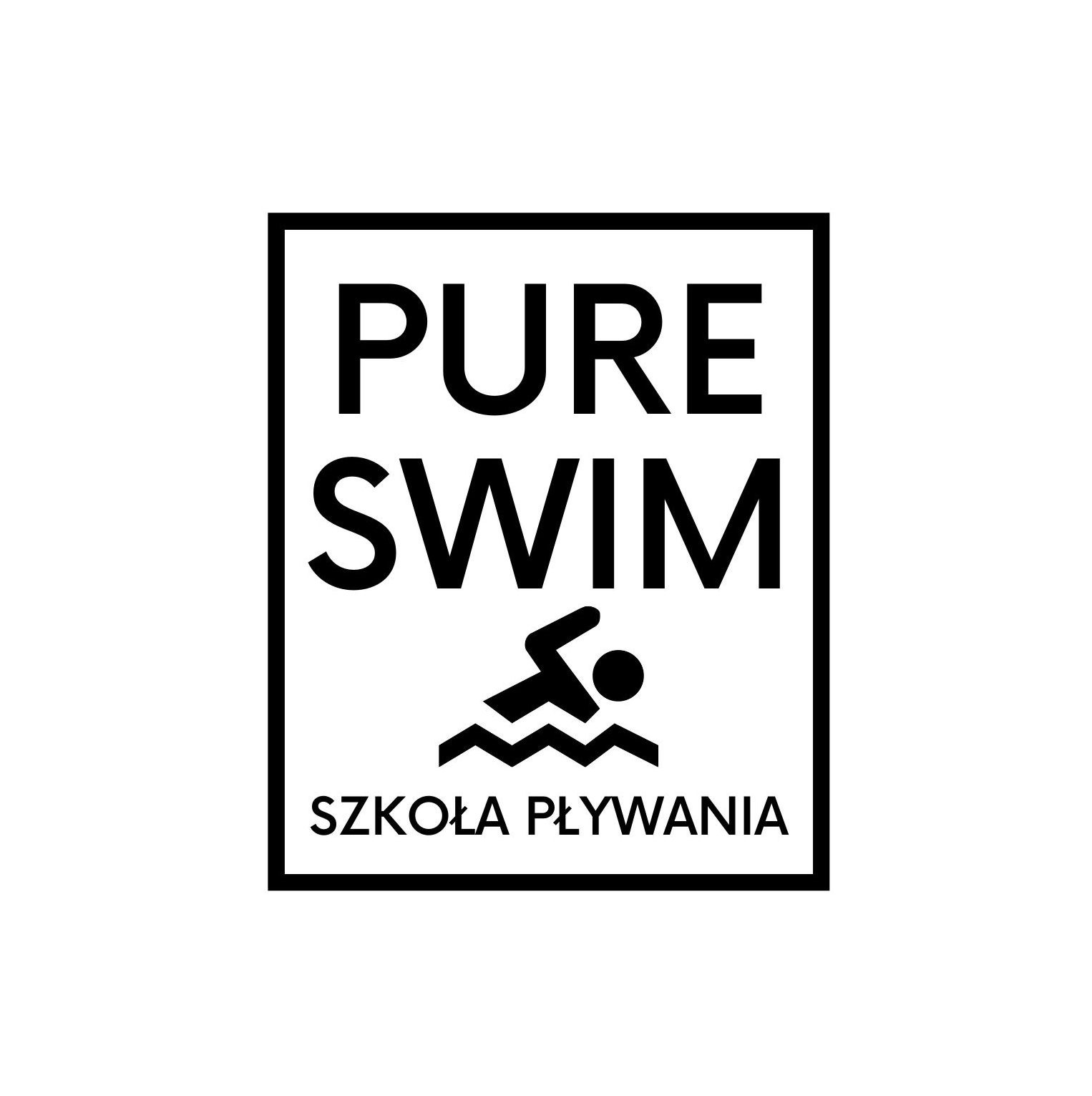 Czarne logo szkoły pływania Pure Swim w kwadratowej ramce, z piktogramem pływaka nad napisem 'Szkoła Pływania'.