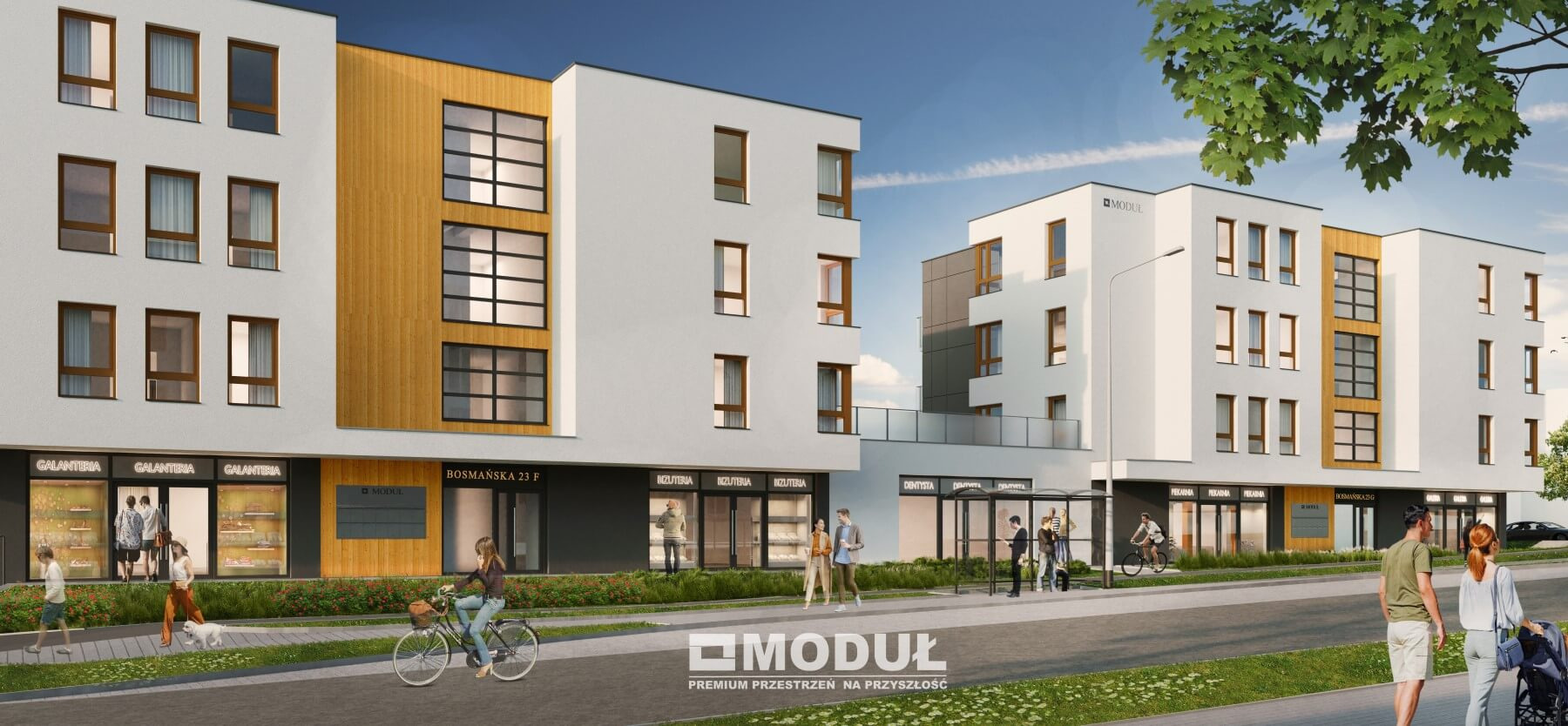 Wizualizacja nowoczesnego budynku mieszkalno-usługowego z lokalami handlowymi na parterze, widok z ulicy, osoby spacerujące i jeżdżące rowerem, logo dewelopera na pierwszym planie.