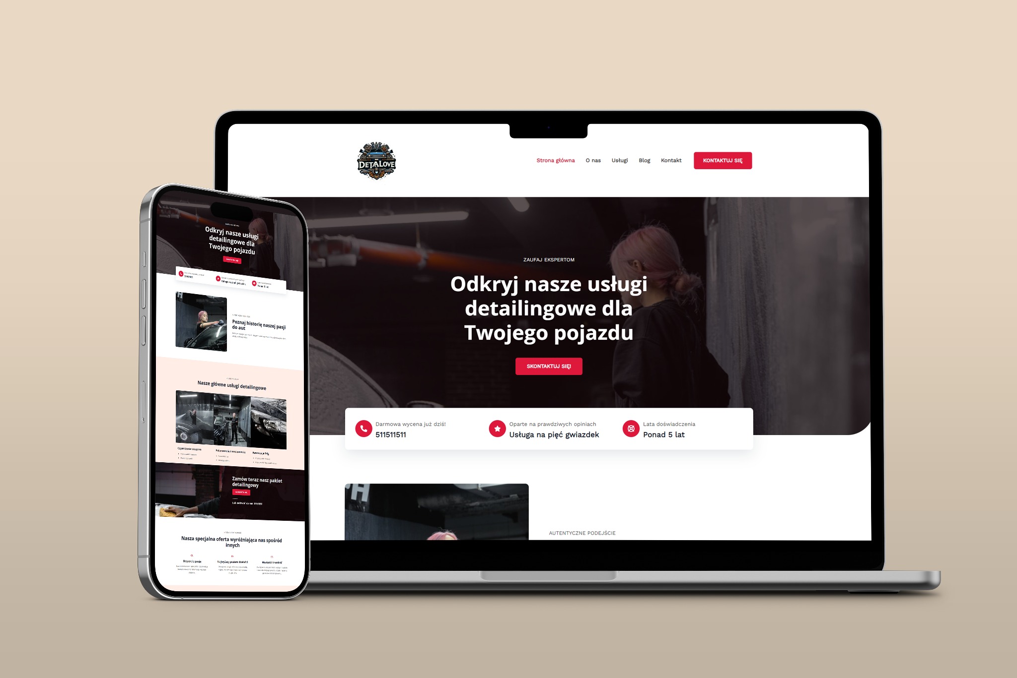 Laptop i smartfon wyświetlające stronę internetową firmy detailingowej z logo DETA LOVE, prezentujące usługi detailingowe dla pojazdów oraz dane kontaktowe.