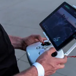 Operator drona trzymający kontroler z podłączonym tabletem, na którym widoczny jest podgląd z kamery drona i mapa z zaznaczoną trasą lotu nad miastem o zachodzie słońca.