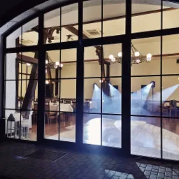 Sala balowa z parkietem, oświetlona reflektorami i wiszącymi żyrandolami, widoczna przez duże okno z czarnymi szprosami, ustawione stoły z białymi obrusami.