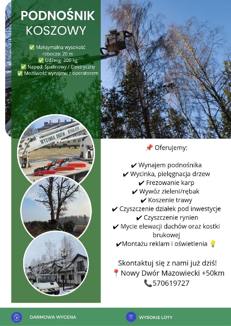 Grafika reklamowa firmy oferującej wynajem podnośnika koszowego, wycinkę i pielęgnację drzew, frezowanie karp, wywóz zieleni, koszenie trawy, czyszczenie działek, rynien oraz mycie elewacji dachów...