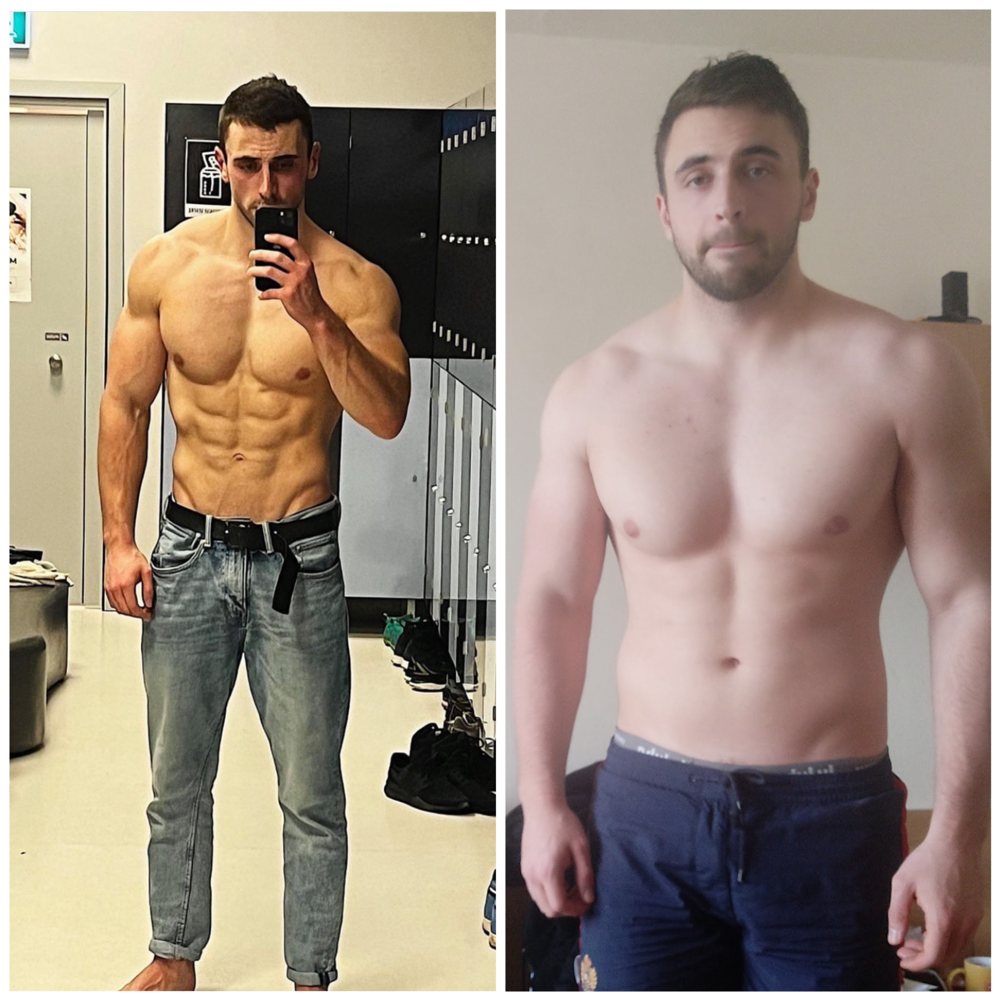 Mężczyzna prezentuje przemianę sylwetki: po lewej stronie w jeansach i z telefonem w ręku, widoczny w lustrze siłowni, po prawej stronie bez koszulki na neutralnym tle.