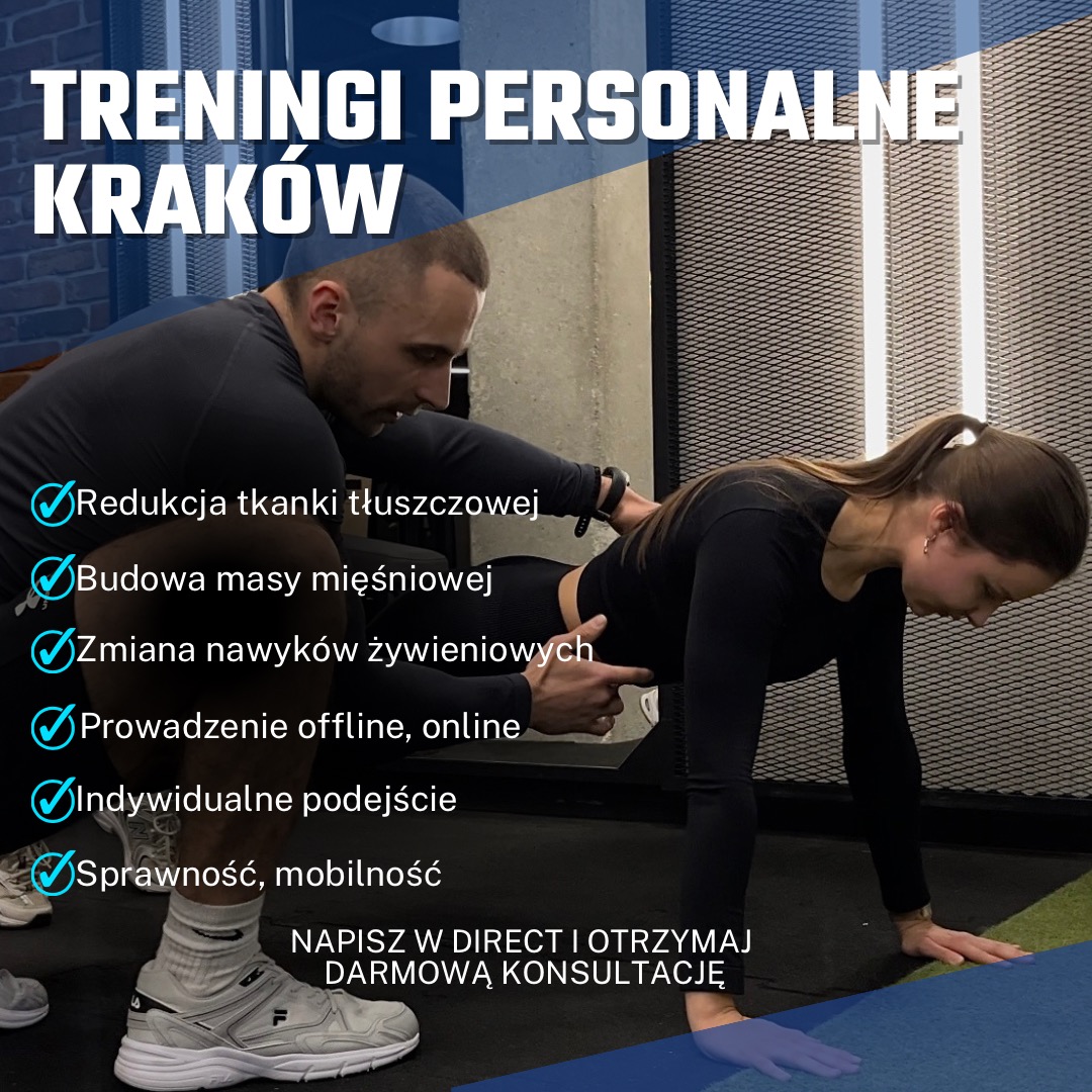 Kobieta w czarnym stroju ćwiczy w pozycji deski, a mężczyzna w szarym ubraniu koryguje jej postawę; w tle ściana i napis 'TRENINGI PERSONALNE KRAKÓW' oraz lista korzyści z treningu.