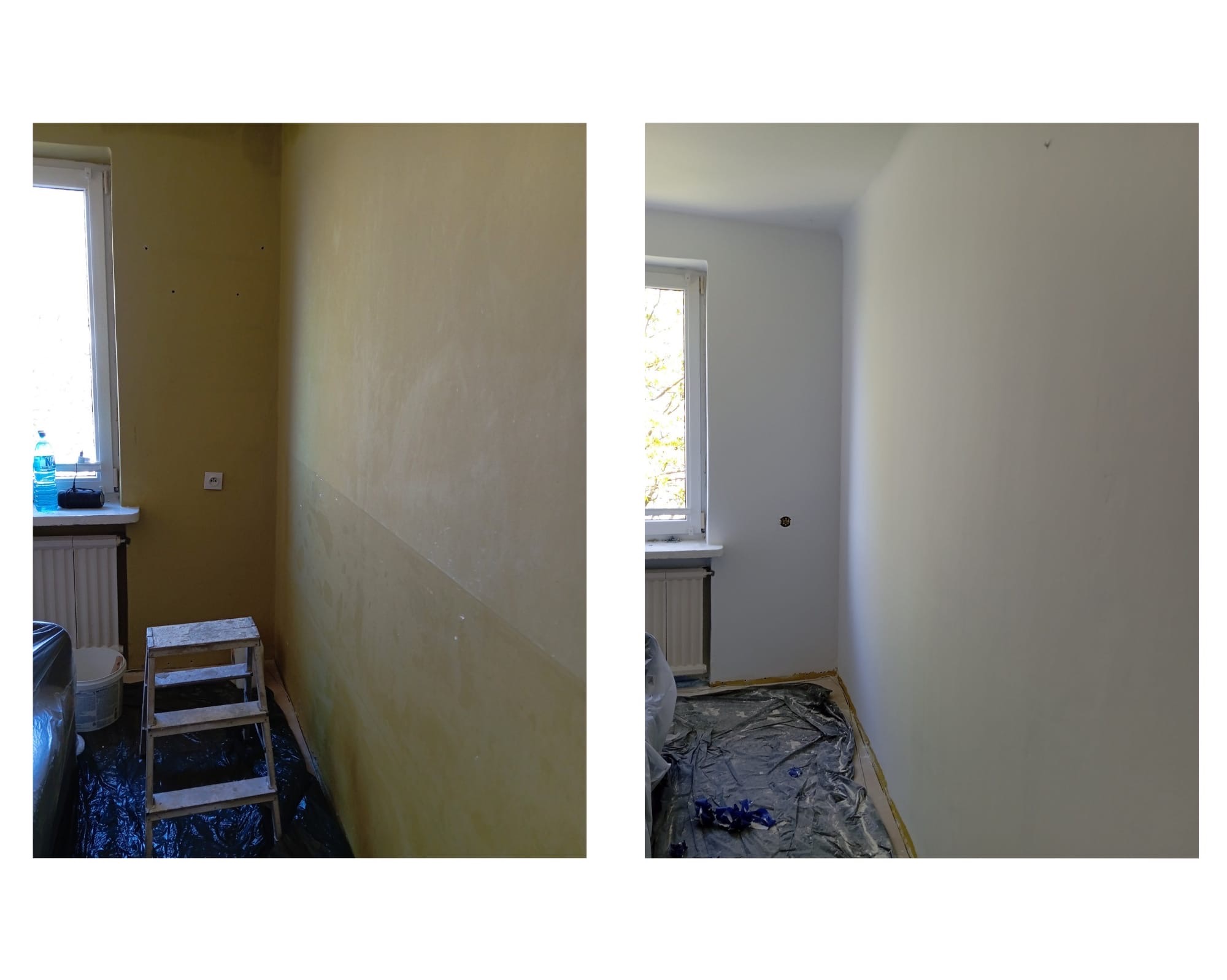 Pokój przed i po malowaniu, z widocznym kontrastem między żółtą ścianą przed malowaniem a świeżo pomalowaną białą ścianą, zabezpieczone folią podłogi i drabina malarska.