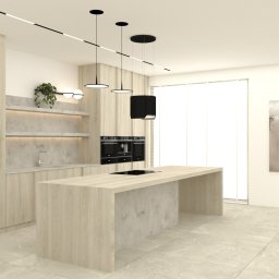 FORMA W PRZESTRZENI - Wizualizacja nowoczesnej kuchni z wyspą, drewnianymi frontami szafek i betonowymi elementami, oświetlona wiszącymi lampami i listwami LED, z obrazem na ścianie w tle.