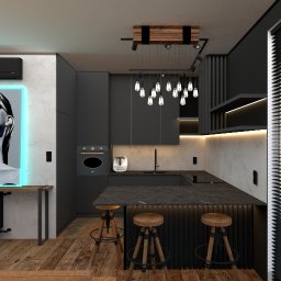 FORMA W PRZESTRZENI - Nowoczesna kuchnia w odcieniach szarości z drewnianymi akcentami, oświetleniem punktowym i artystycznym neonowym obrazem kobiety w okularach z różowymi łzami, wiszącym nad grzejnikiem.