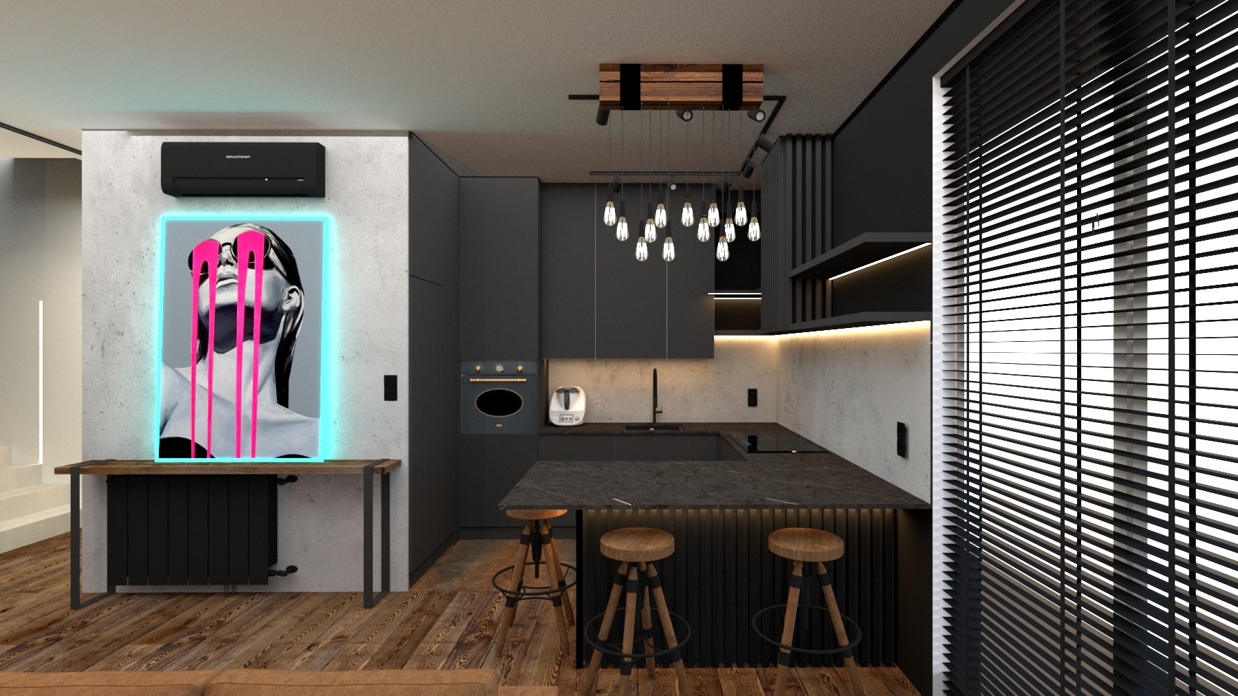 Nowoczesna kuchnia w odcieniach szarości z drewnianymi akcentami, oświetleniem punktowym i artystycznym neonowym obrazem kobiety w okularach z różowymi łzami, wiszącym nad grzejnikiem.