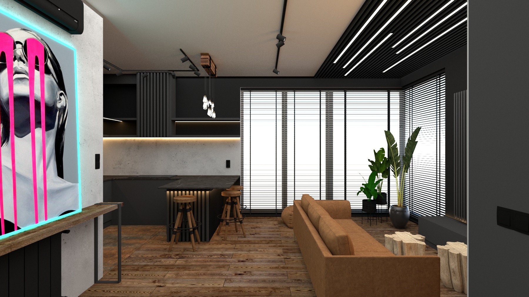 Nowoczesny salon z aneksem kuchennym w ciemnej kolorystyce, drewnianą podłogą i dużym obrazem z neonowym obramowaniem.