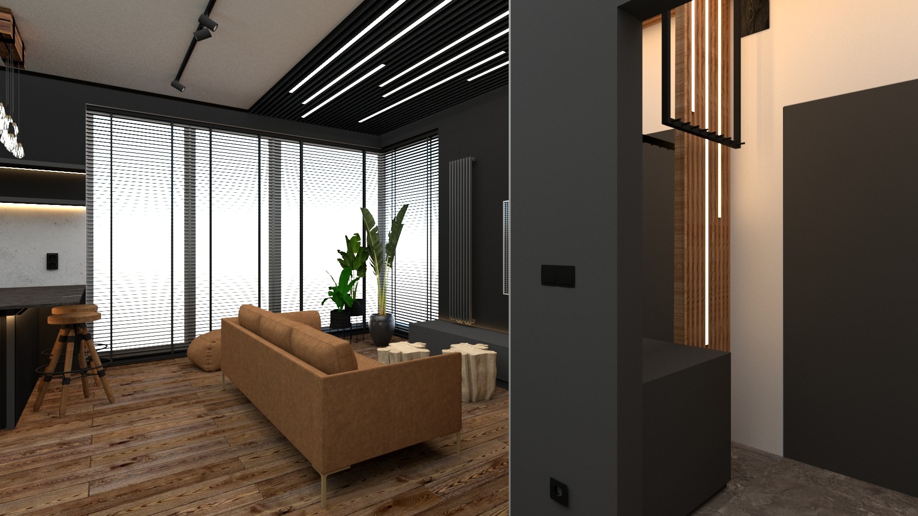 Wizualizacja salonu z drewnianą podłogą, brązową sofą, roślinami doniczkowymi i oświetleniem LED na suficie.