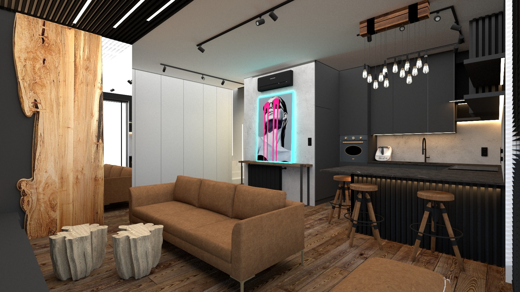 Wizualizacja salonu z aneksem kuchennym w nowoczesnym stylu: drewniane panele ścienne, brązowa sofa, czarne szafki kuchenne z drewnianymi hokerami, neonowy obraz na ścianie.
