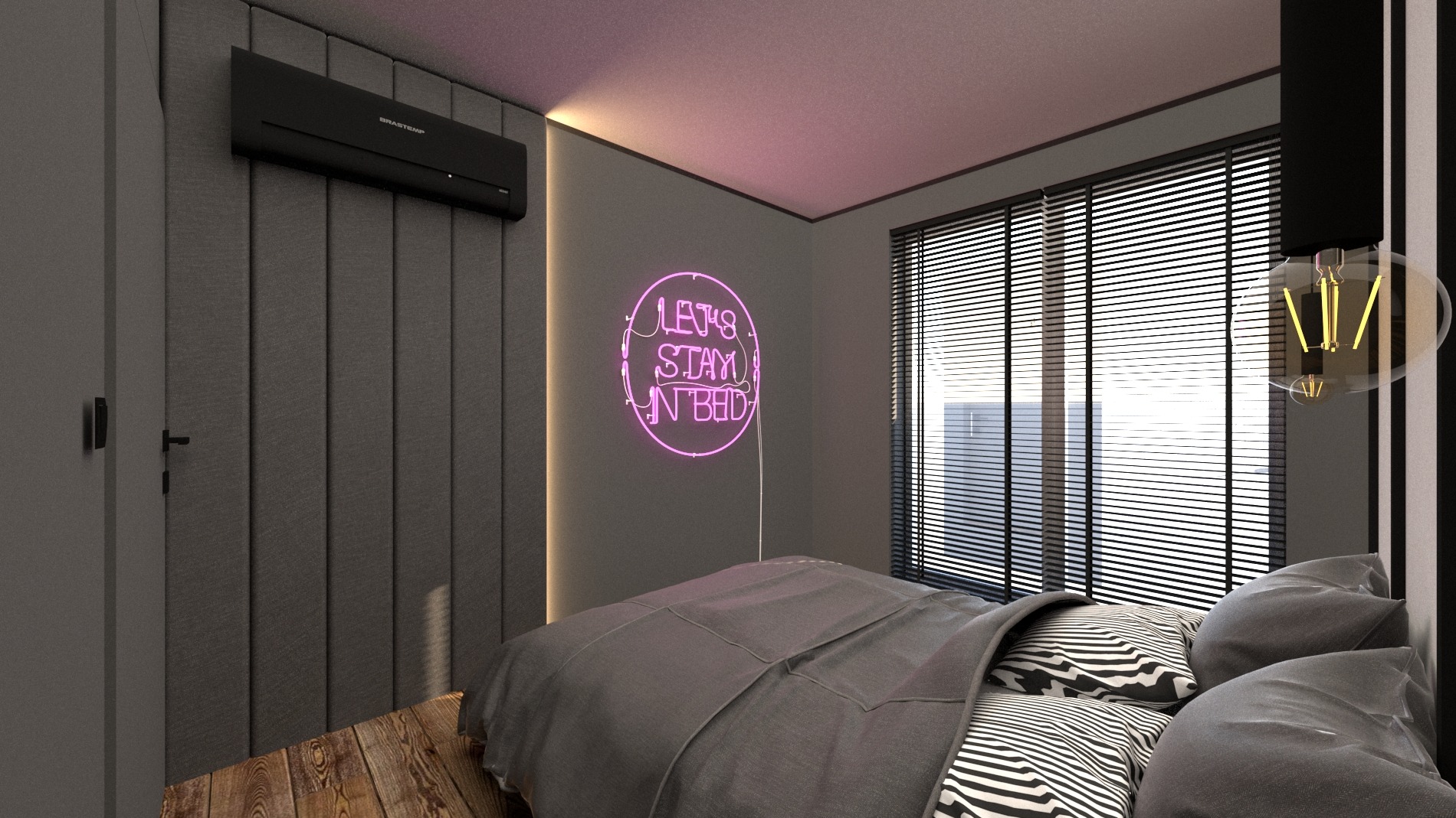 Nowoczesna sypialnia w szarościach z neonowym napisem 'Let's stay in bed', klimatyzacją Brastemp i lampą wiszącą z żarówkami filamentowymi.