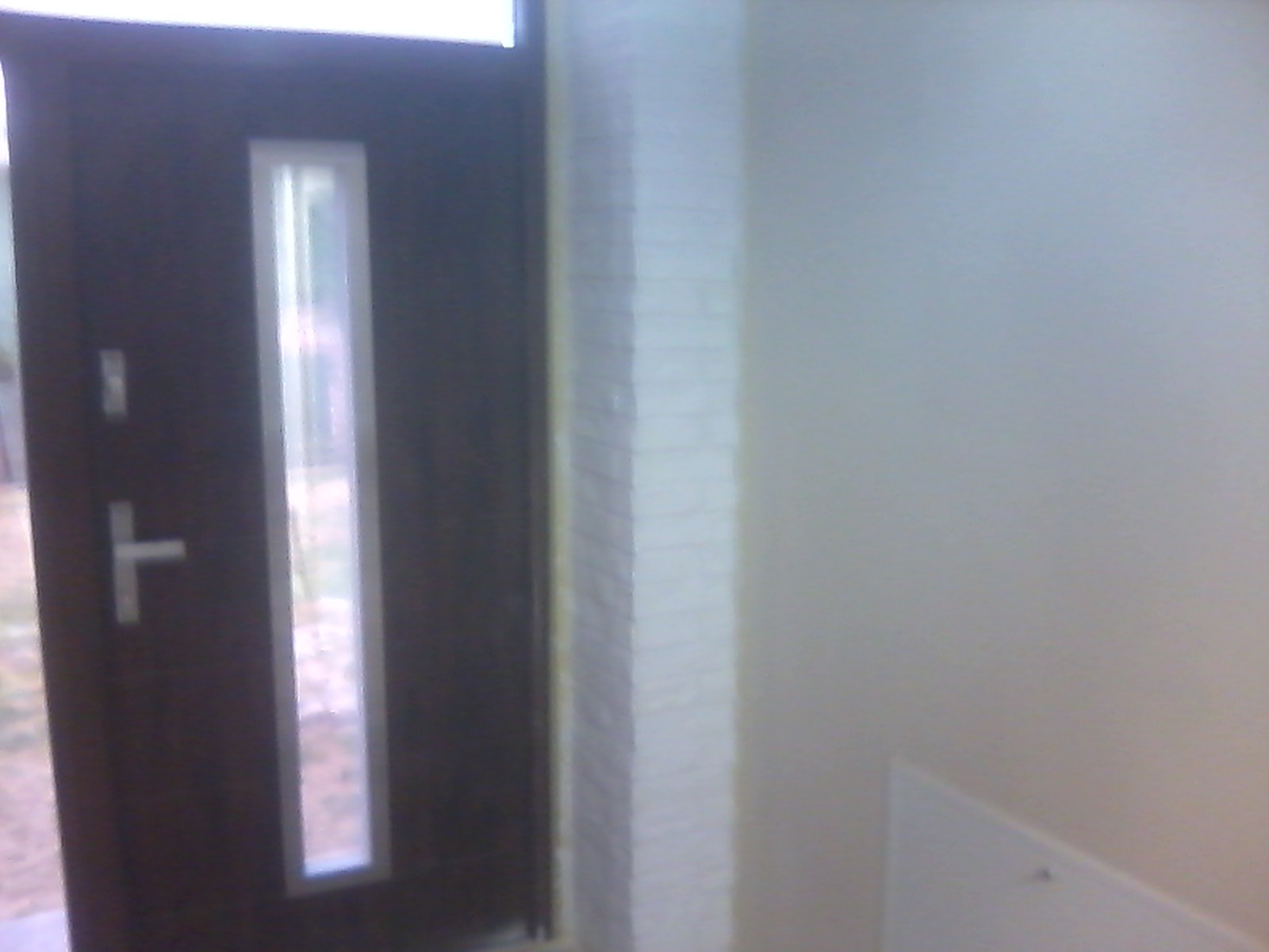 Fragment ściany z białą cegłą dekoracyjną obok ciemnobrązowych drzwi z szybą, widok z bliska.