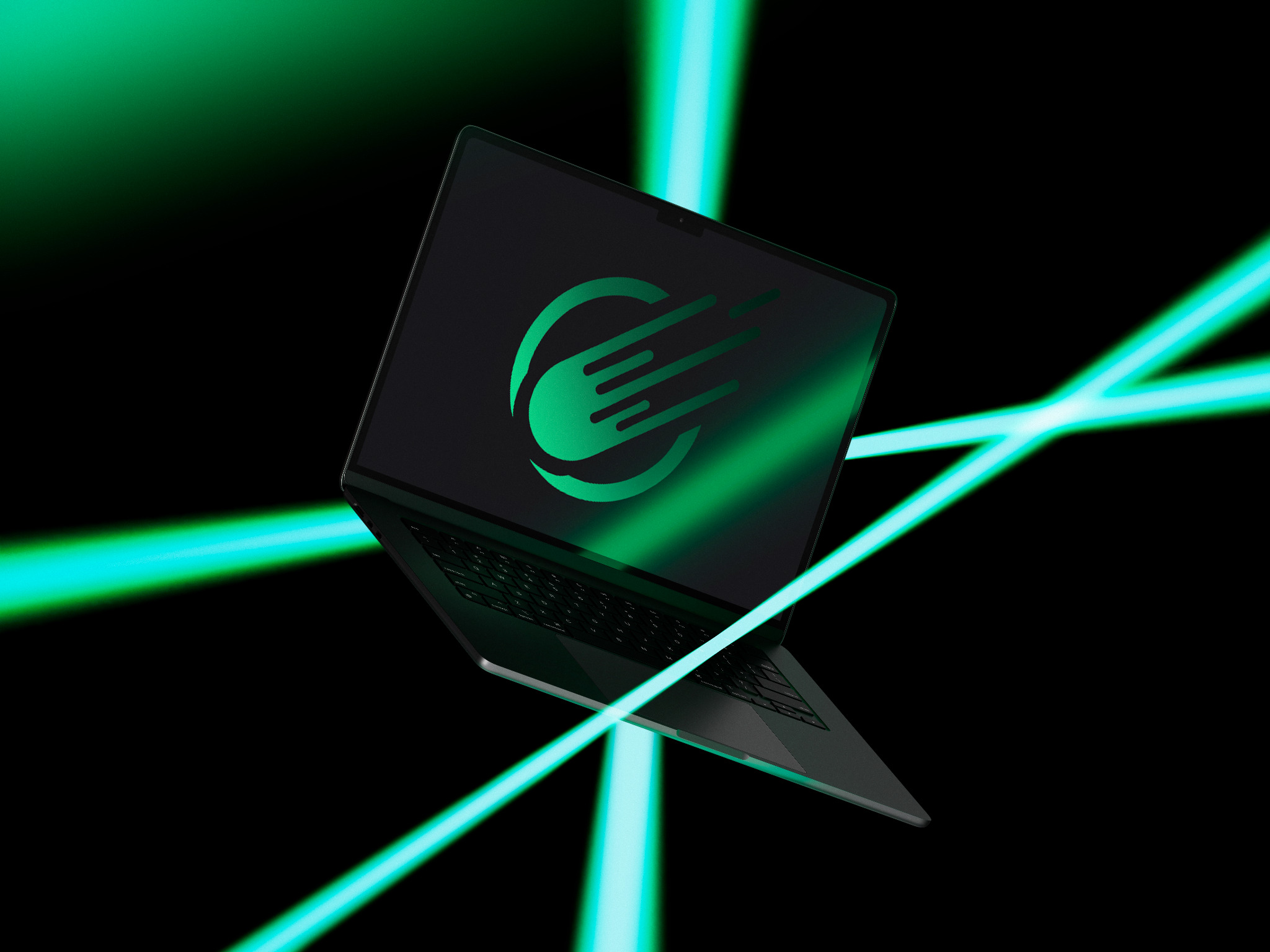 Laptop unoszący się w przestrzeni z zielonym neonowym logo na ekranie i przebiegającymi przez niego zielonymi promieniami światła.