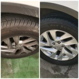 Porównanie: Brudne i czyste koło samochodowe z aluminiową felgą, widoczne detale opony 4x4 Summer oraz logo Honda na feldze.