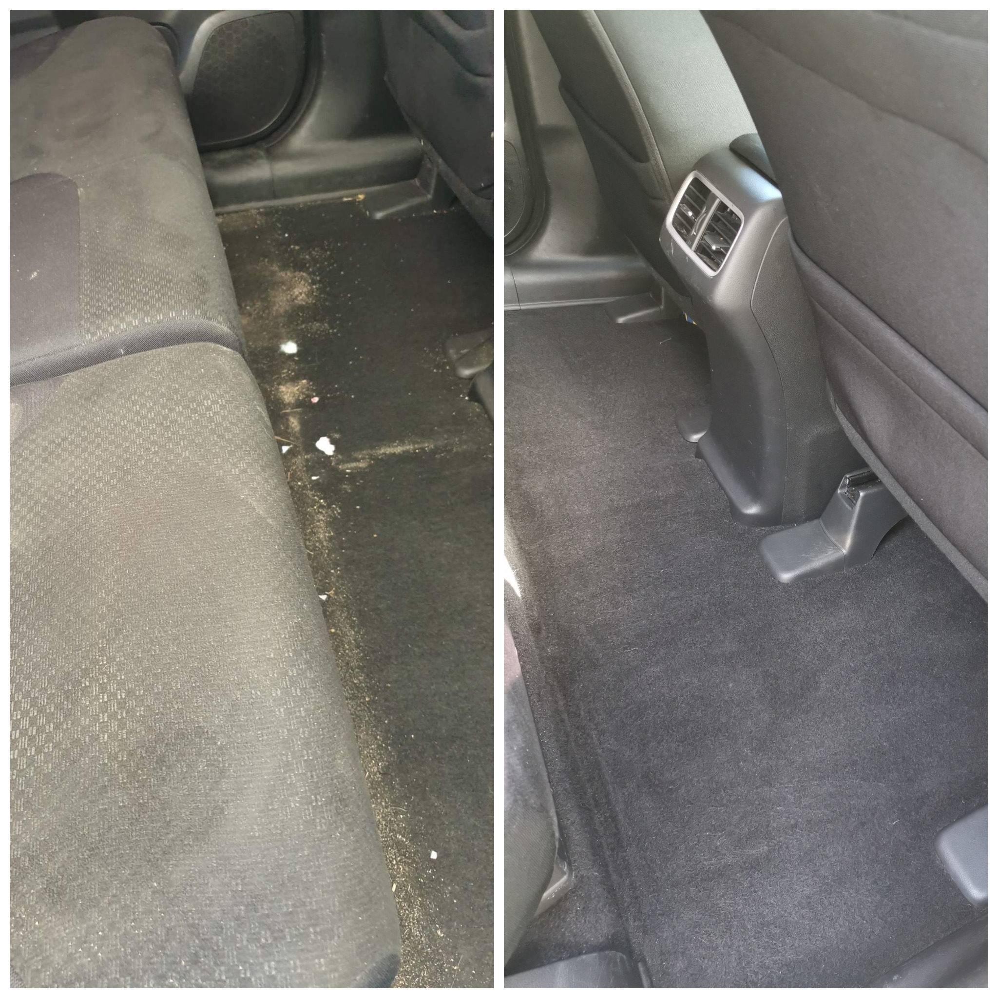 Porównanie stanu wnętrza samochodu przed i po czyszczeniu: po lewej brudna podłoga i siedzenie, po prawej czysta, odświeżona tapicerka i dywaniki.