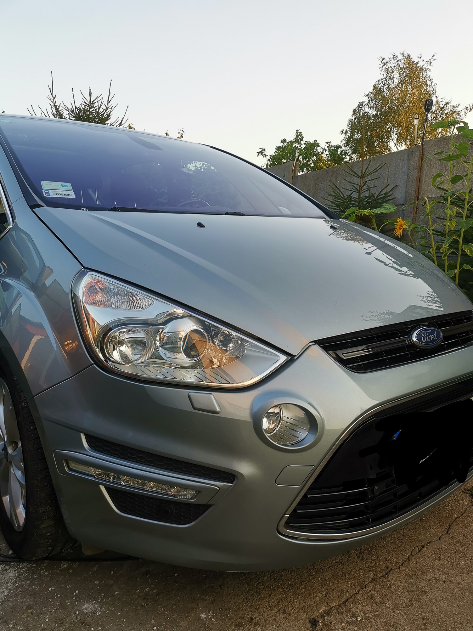 Szary Ford S-Max, widok z przodu, zaparkowany na podjeździe, w tle mur z roślinnością.