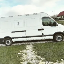 Biały Renault Master zaparkowany na trawie z widocznym logo firmy na boku, w tle budynek z czerwonym dachem i sterta drewna.