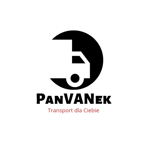 Logo firmy transportowej PanVanEk z sylwetką busa w czarnym okręgu i hasłem 'Transport dla Ciebie'.