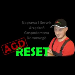 Grafika reklamowa firmy AGD Reset: mężczyzna w czapce i kombinezonie na czarnym tle, z napisem 'Naprawa i Serwis Urządzeń Gospodarstwa Domowego' oraz logo firmy.
