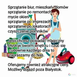 Ilustracja reklamowa usług sprzątających: postać kobiety z mopem, pralka, odkurzacz i inne akcesoria do czyszczenia, otoczone tekstem o ofercie i dojeździe poza Białystok.
