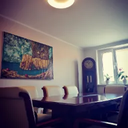 Sala konferencyjna z dużym, ciemnym stołem, krzesłami z jasną tapicerką, obrazem na ścianie i stojącym zegarem.