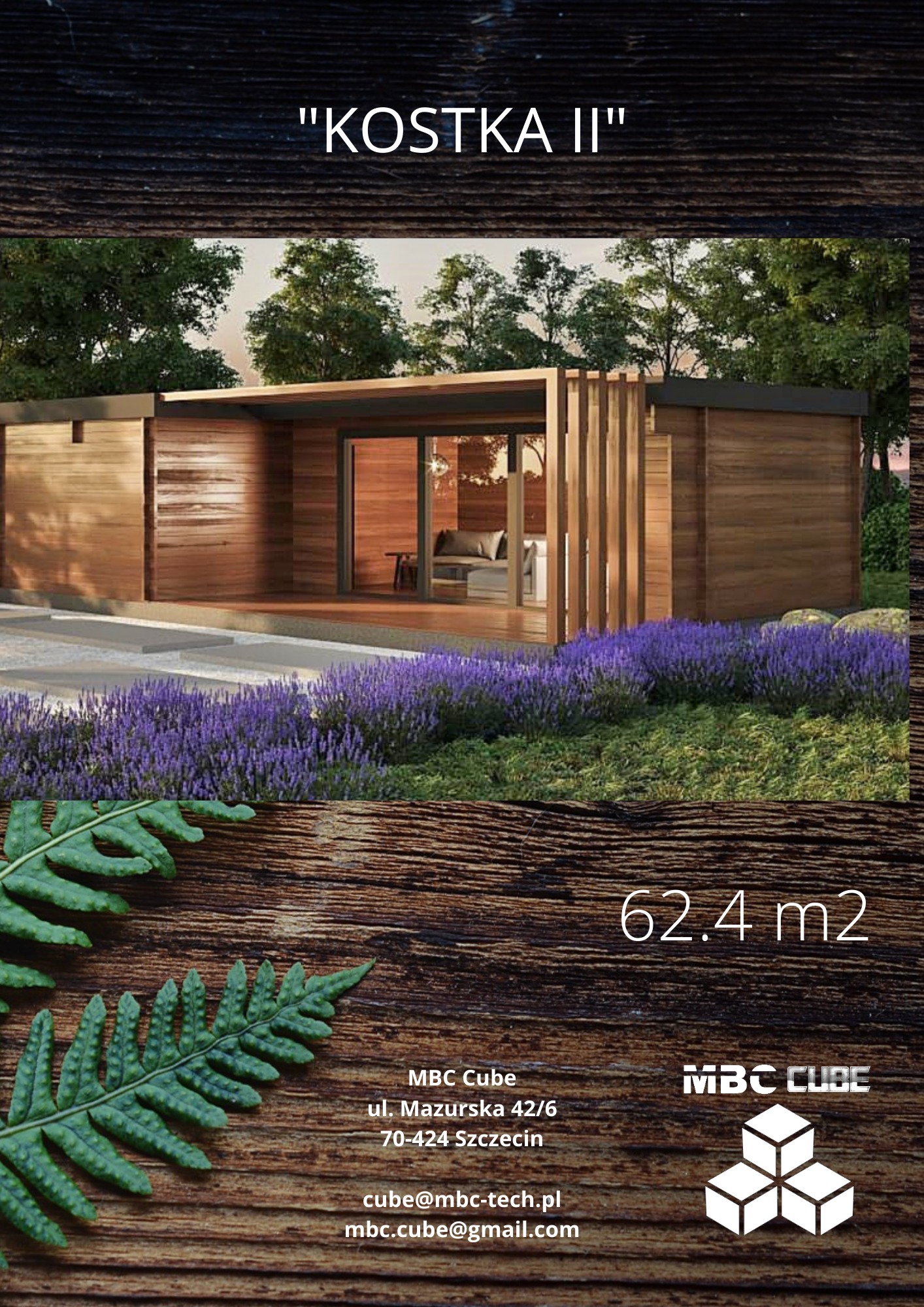 Wizualizacja parterowego, nowoczesnego domu modułowego z drewnianą elewacją, otoczonego zielenią i fioletowymi kwiatami, z widocznym wnętrzem przez przeszklone drzwi.