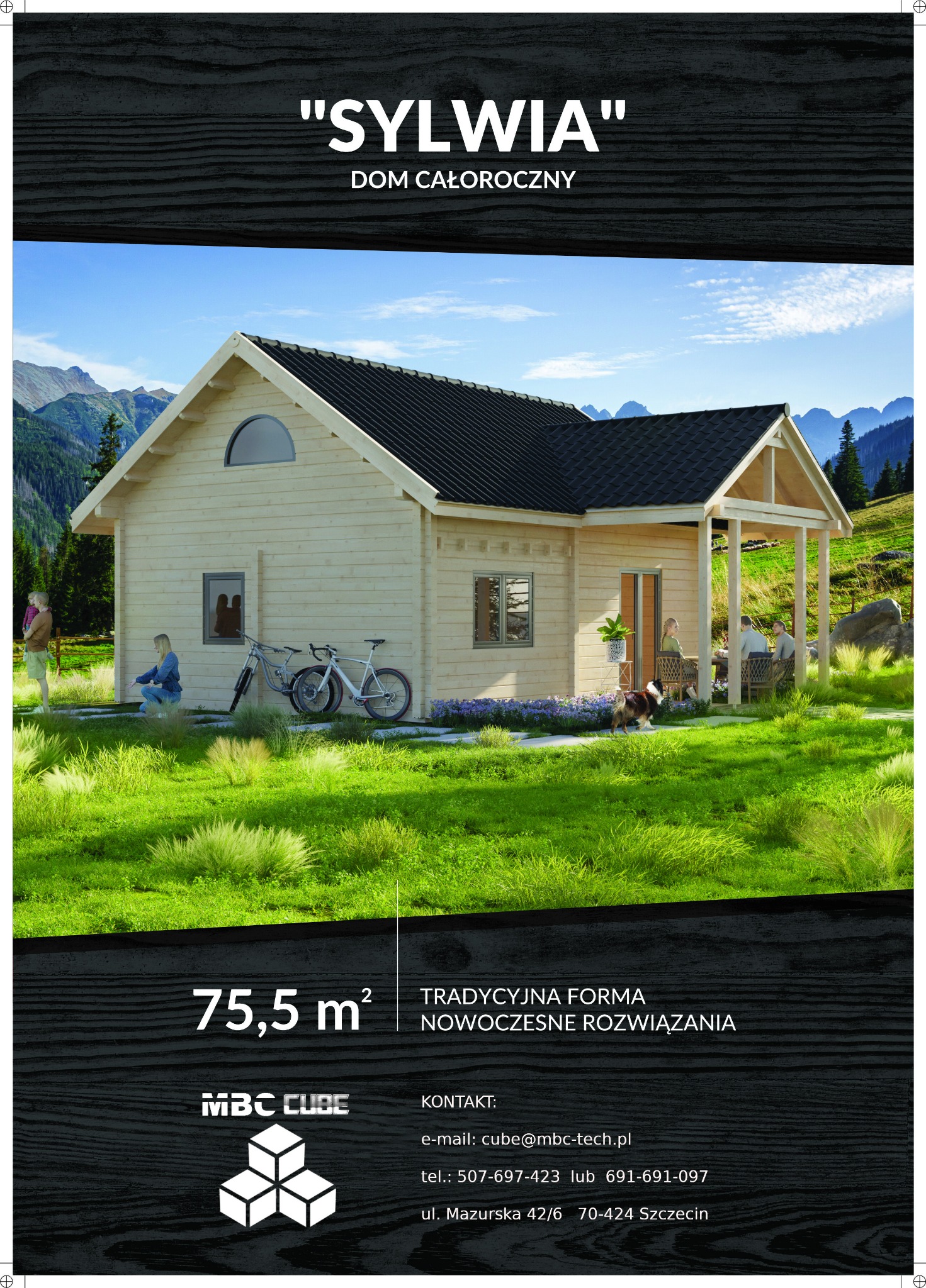 Wizualizacja katalogowa całorocznego domu z jasnego drewna o powierzchni 75,5 m², z zadaszonym tarasem, rowerami opartymi o ścianę i rodziną w tle, prezentowana na tle zielonego terenu.