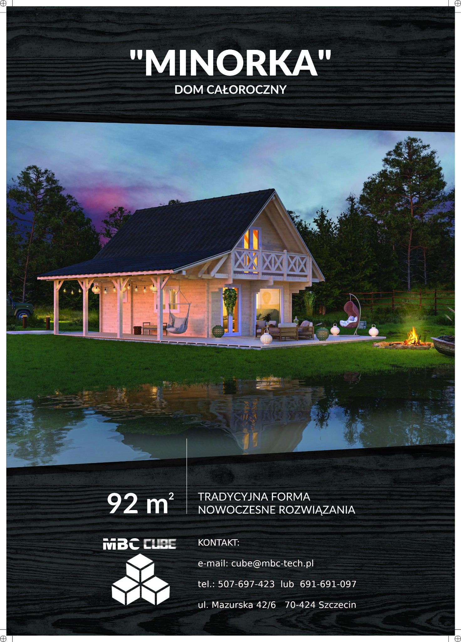 Wizualizacja całorocznego domu z drewna o nazwie 'Minorka' nad brzegiem jeziora, z oświetlonym tarasem, miejscem na ognisko i hamakami, odzwierciedlającego się w wodzie.