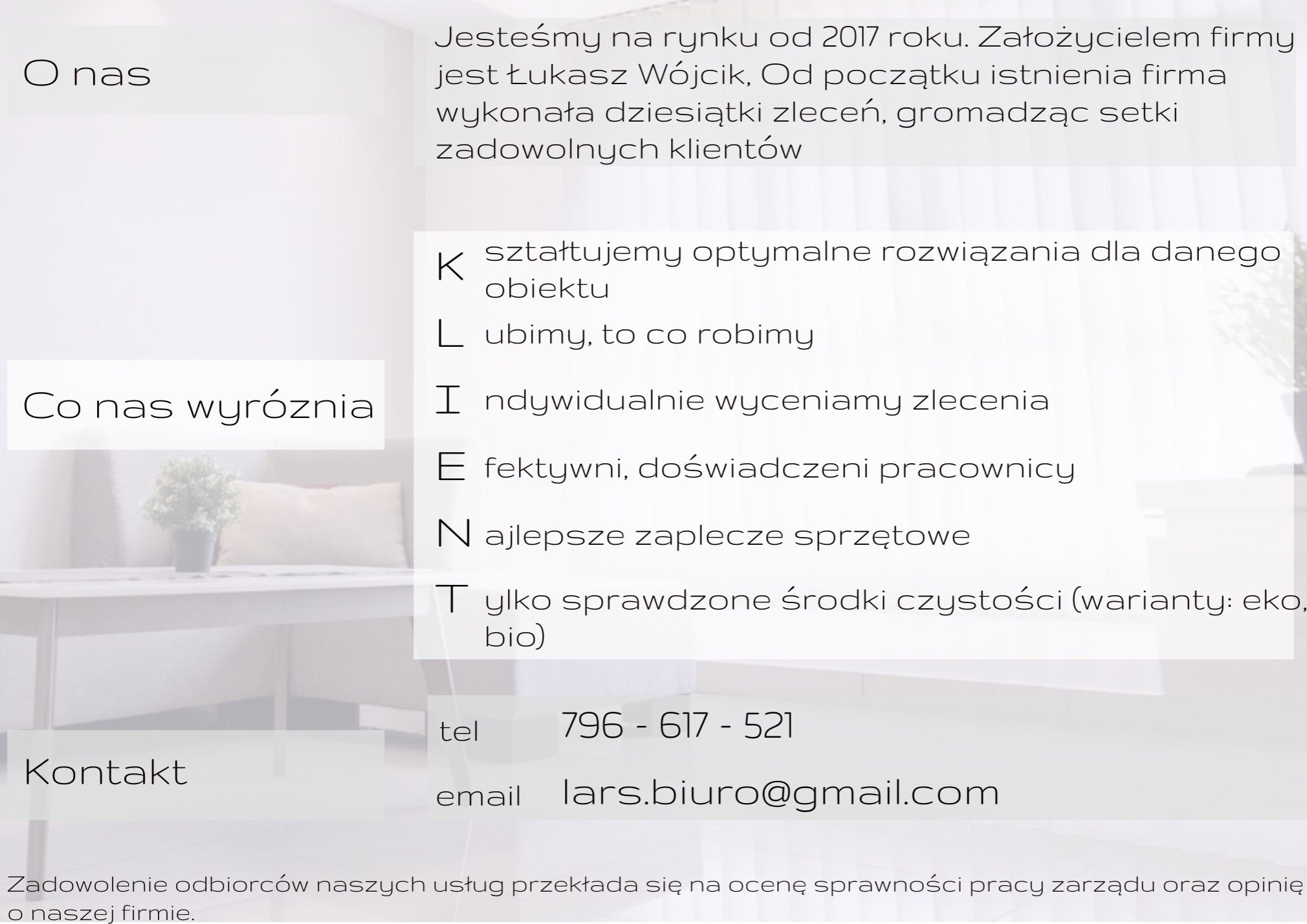 Grafika informacyjna firmy z tekstem 'O nas', 'Co nas wyróżnia', danymi kontaktowymi i opisem działalności.