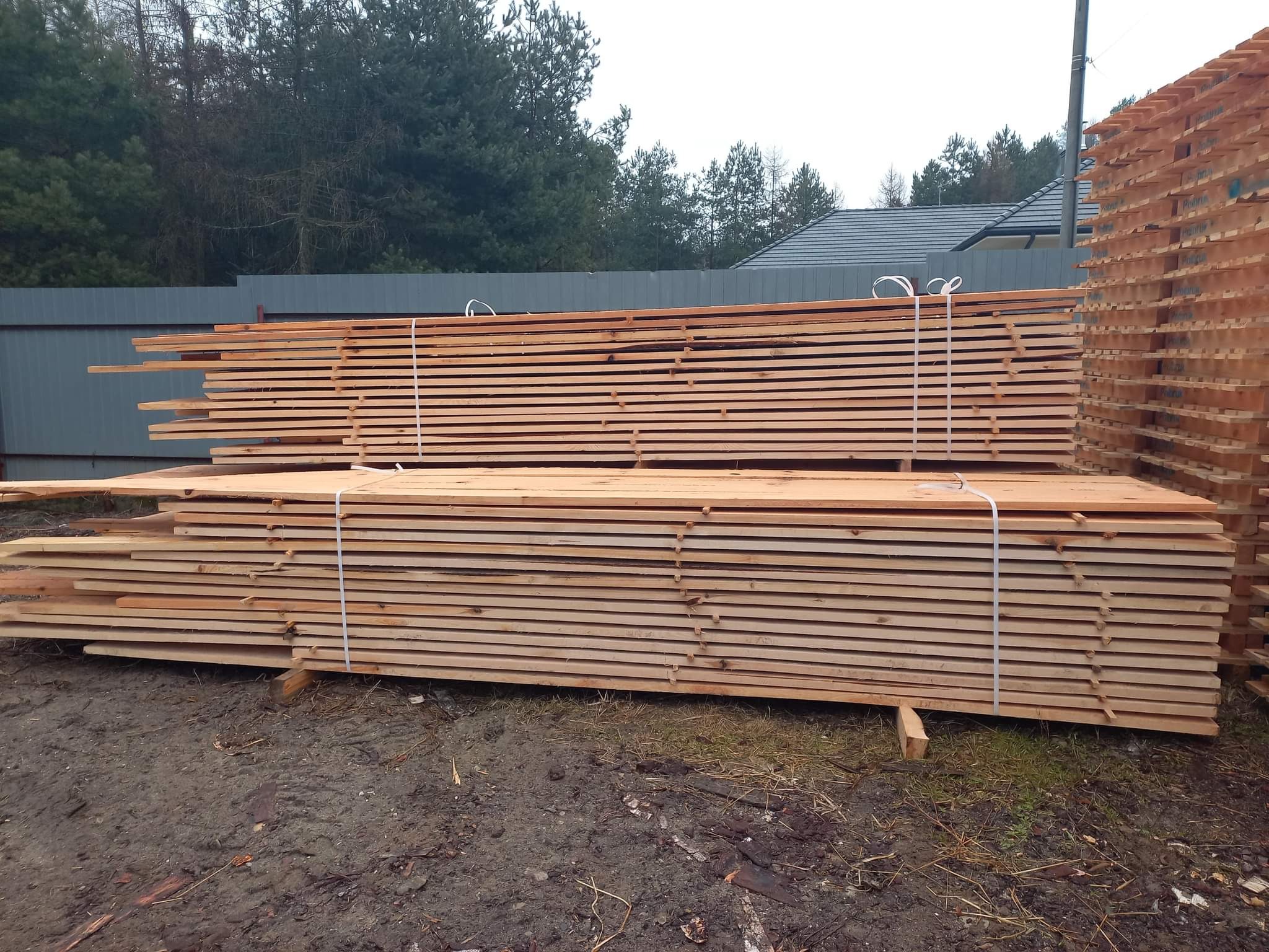 Dwie paczki świeżo przetartego drewna budowlanego, zabezpieczone białym sznurkiem, ułożone na drewnianych podkładkach na ziemi. W tle widoczne drzewa i fragment szarego ogrodzenia.