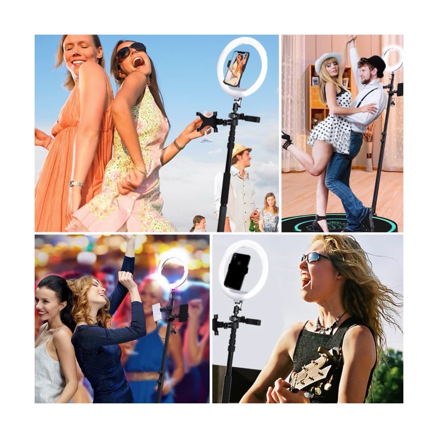 Kompozycja zdjęć przedstawiająca użycie lampy pierścieniowej z uchwytem na smartfon w różnych sytuacjach: na plaży, podczas tańca, na imprezie i podczas gry na gitarze.
