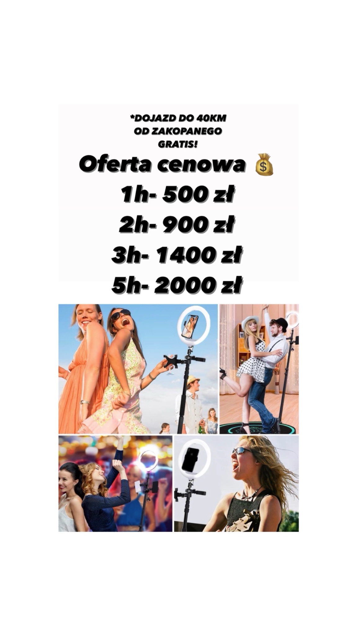 Kolaż zdjęć z cennikiem, prezentujący osoby korzystające z fotobudki z oświetleniem ring light, w różnych sceneriach i stylizacjach, w tym na tle pleneru i w pomieszczeniu.