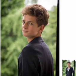 Portret młodego mężczyzny w ciemnej marynarce, z zielonym rozmytym tłem i metalową barierką po prawej stronie, spoglądającego przez ramię w stronę widza.