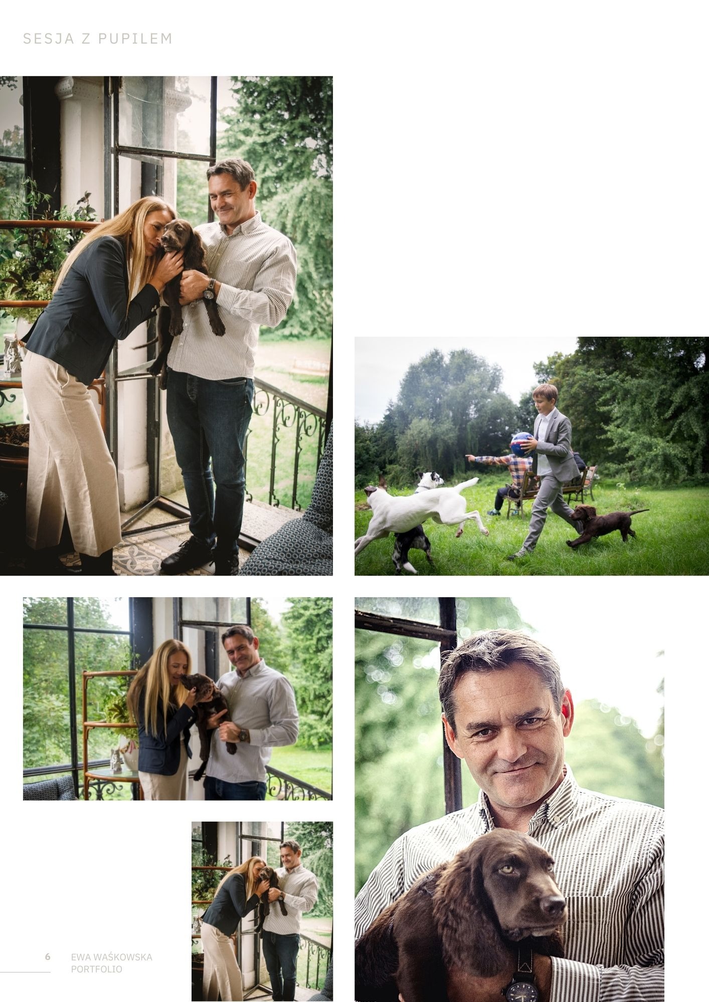 Kolaż zdjęć z sesji z psem rasy spaniel: para na balkonie, chłopiec w garniturze bawiący się z psami na trawie, portret mężczyzny trzymającego szczeniaka.