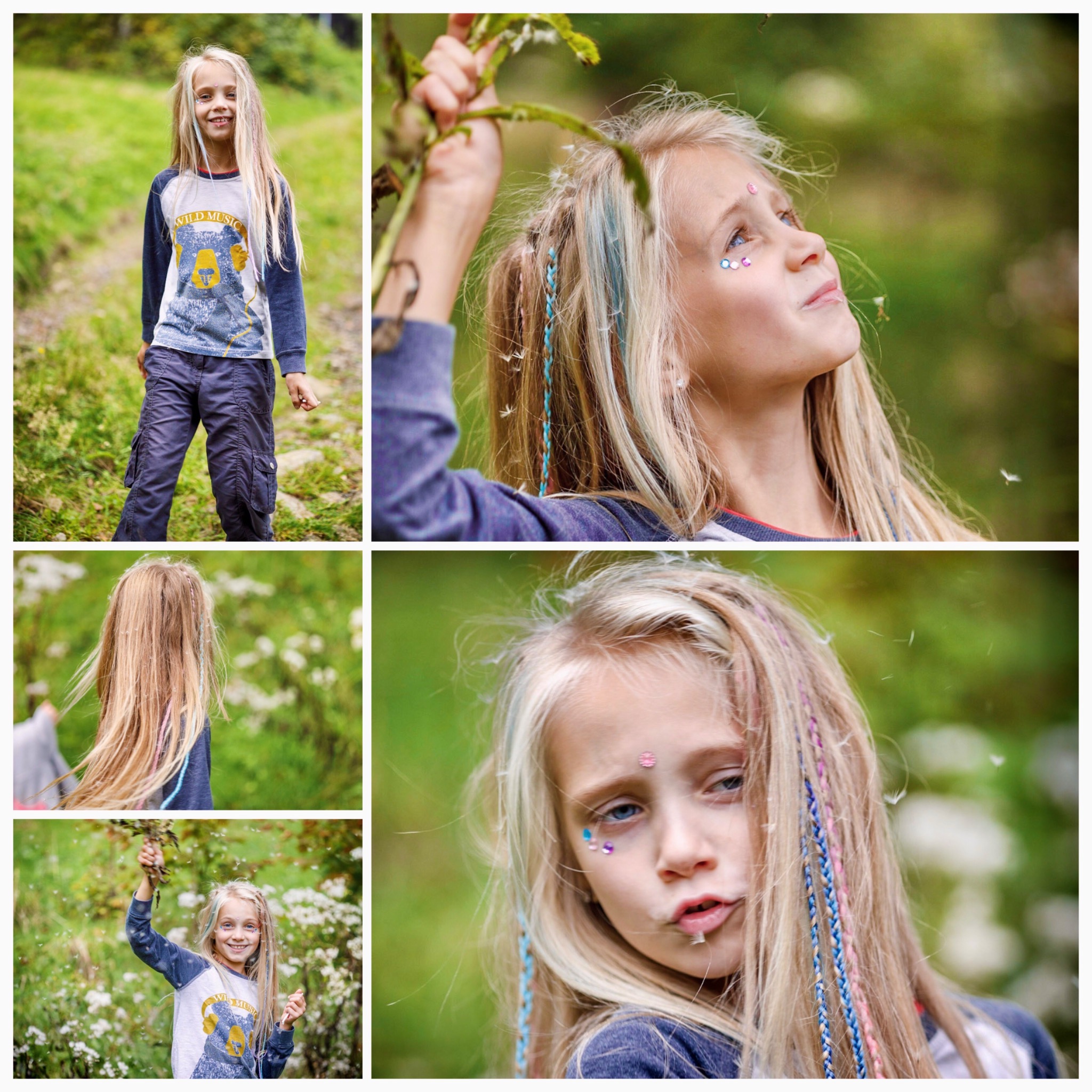 Portret dziewczynki z blond włosami ozdobionymi kolorowymi warkoczykami i brokatowymi naklejkami na twarzy, pozującej w plenerze z zielonym tłem.