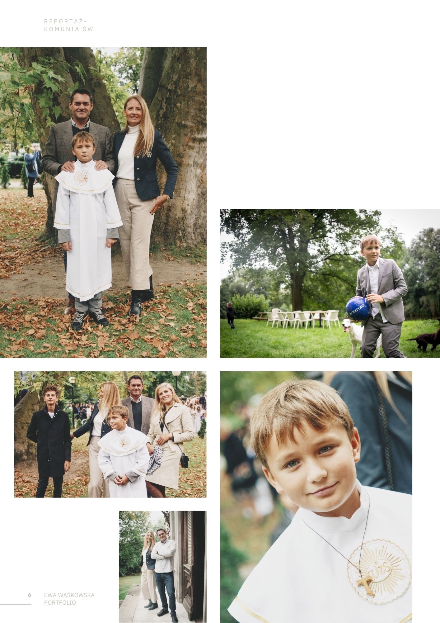 Kolaż zdjęć z uroczystości komunijnej: portret chłopca w albie, rodzinne ujęcia w plenerze, zabawa z piłką na trawie.