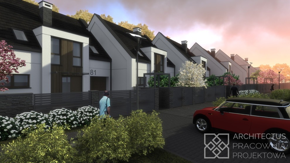 Wizualizacja szeregu nowoczesnych domów jednorodzinnych z płaskimi dachami, ciemną stolarką okienną i numerem 81 na elewacji, otoczonych niskim ogrodzeniem i zielenią, z czerwonym Mini Cooperem...